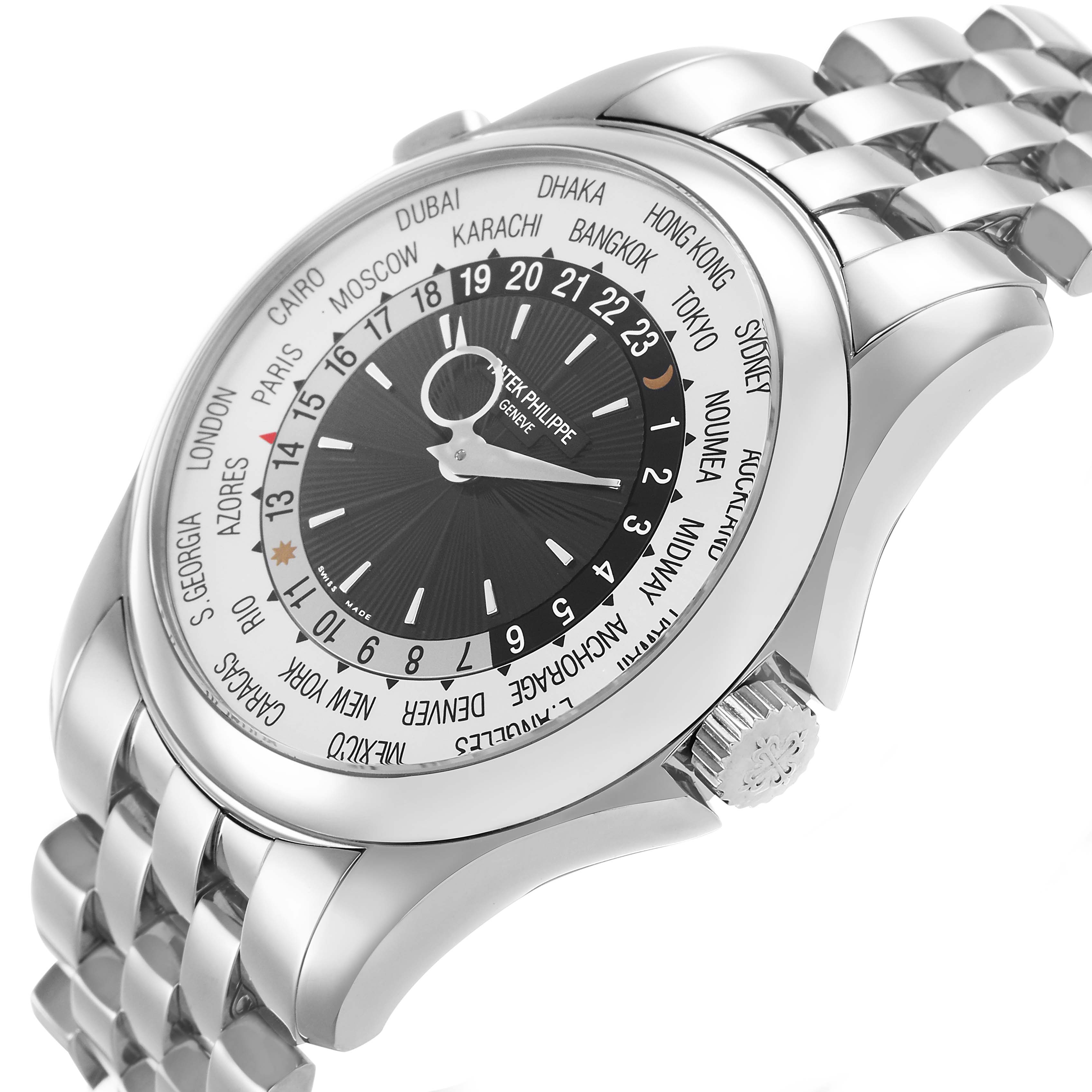 The Patek Philippe Complications 5130G Men's White Gold Silver Dial is shown at a three-quarter angle, displaying the dial, bezel, crown, and bracelet.