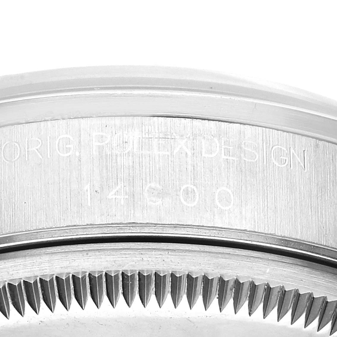 Close-up of the side and bezel of a Rolex Air-King 14000 Men's Stainless Steel Pink Dial 14000 Men's Stainless Steel Pink Dial watch, showing the engraved model details.