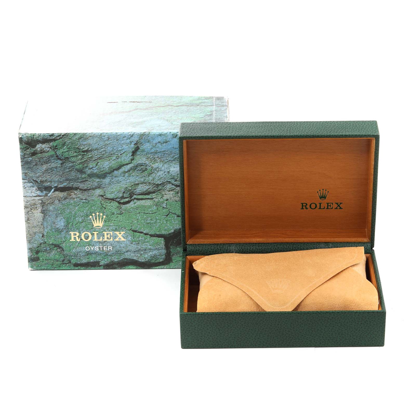 The image shows a Rolex Air-King 14000 Men's Stainless Steel Pink Dial 14000 Men's Stainless Steel Pink Dial watch box and case at a slightly angled side view, highlighting the green outer box and inner suede pouch.