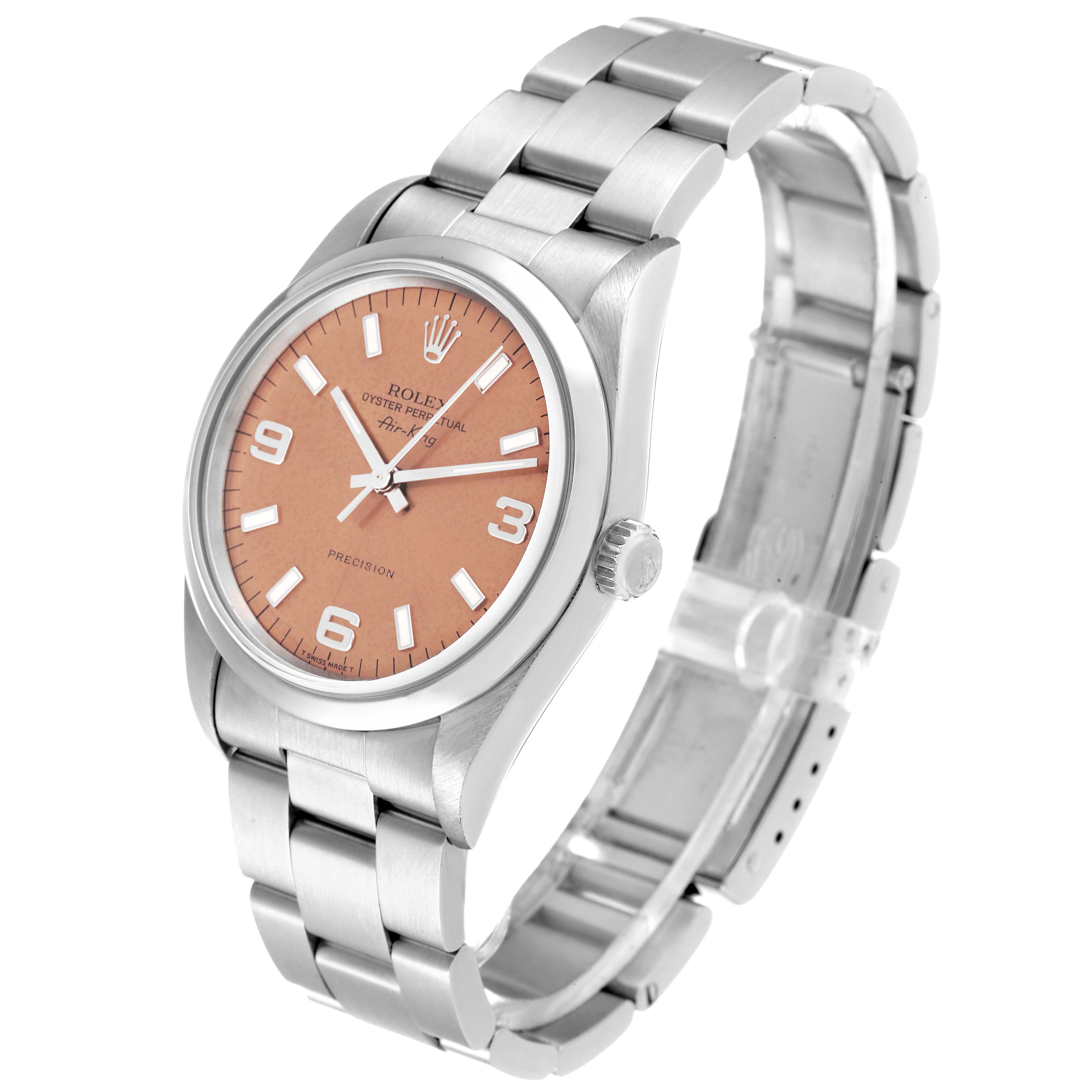The Rolex Air-King 14000 Men's Stainless Steel Pink Dial 14000 Men's Stainless Steel Pink Dial watch is shown from an angled side view, displaying the face, bezel, crown, and part of the bracelet.
