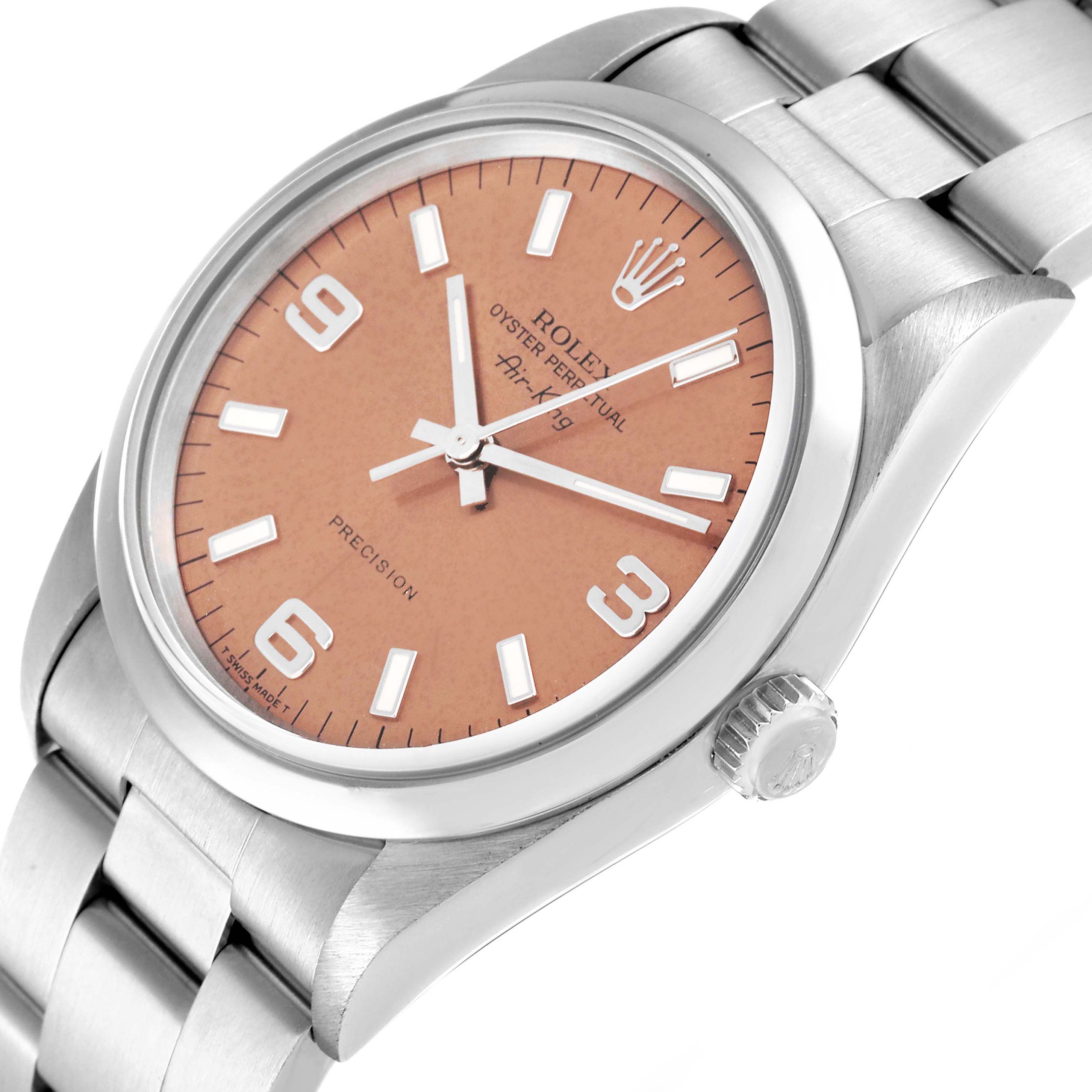 This image shows a Rolex Air-King 14000 Men's Stainless Steel Pink Dial 14000 Men's Stainless Steel Pink Dial watch at a slight angle, highlighting the dial, crown, and bracelet.