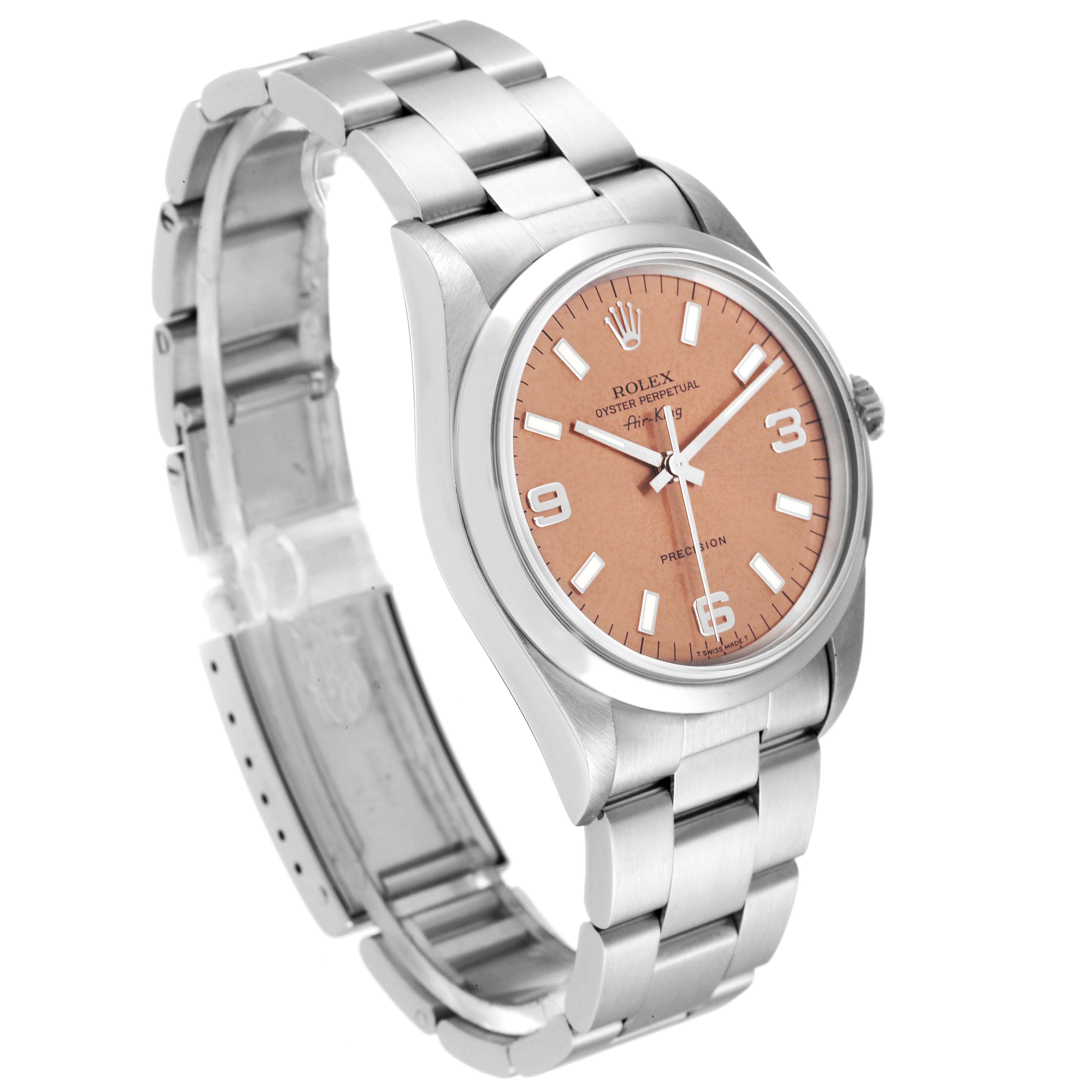 The image shows a Rolex Air-King 14000 Men's Stainless Steel Pink Dial 14000 Men's Stainless Steel Pink Dial watch at an angled side view, highlighting the face, bezel, crown, and stainless steel bracelet.