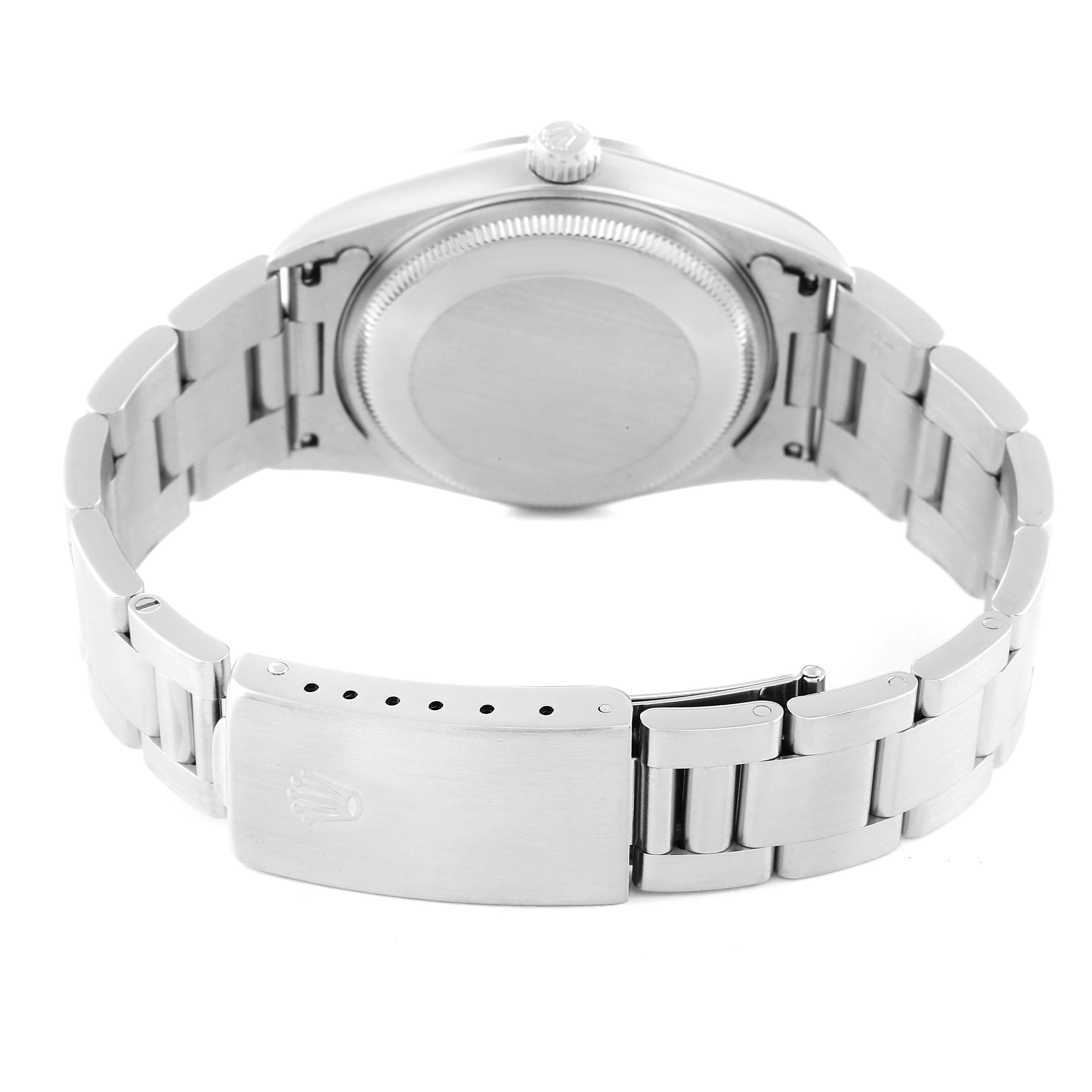 This image shows the back case and clasp of the Rolex Air-King 14000 Men's Stainless Steel Pink Dial 14000 Men's Stainless Steel Pink Dial watch from a rear angle.