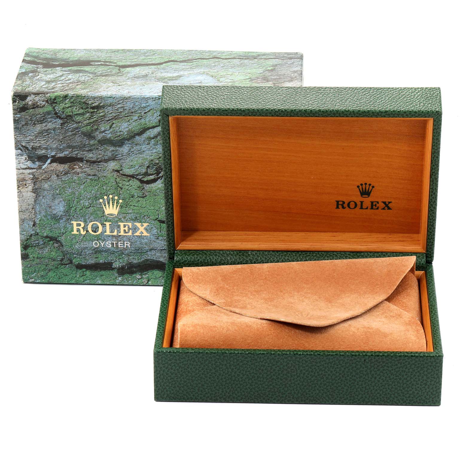 The image shows the open packaging box for a Rolex Air-King 14000 Men's Stainless Steel White Dial 14000 Men's Stainless Steel White Dial watch, including the outer box and inner case with a pouch.