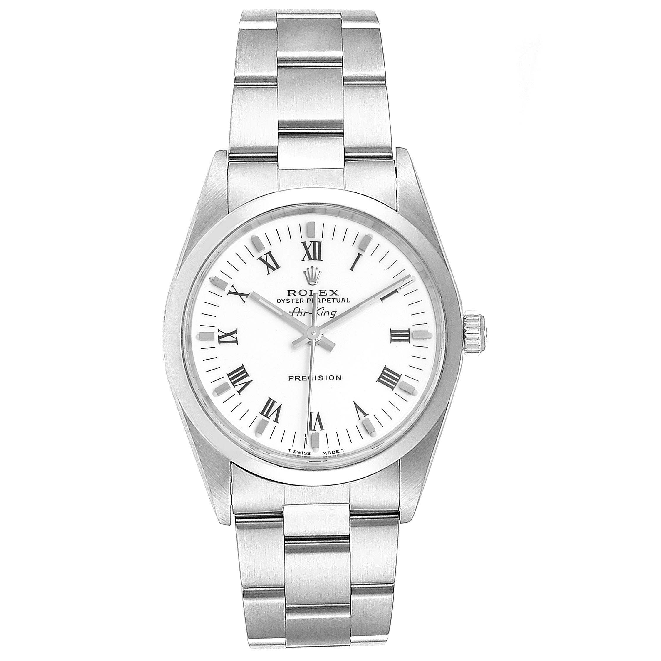 This image shows a front view of a Rolex Air-King 14000 Men's Stainless Steel White Dial 14000 Men's Stainless Steel White Dial watch, displaying its face, bracelet, and clasp.