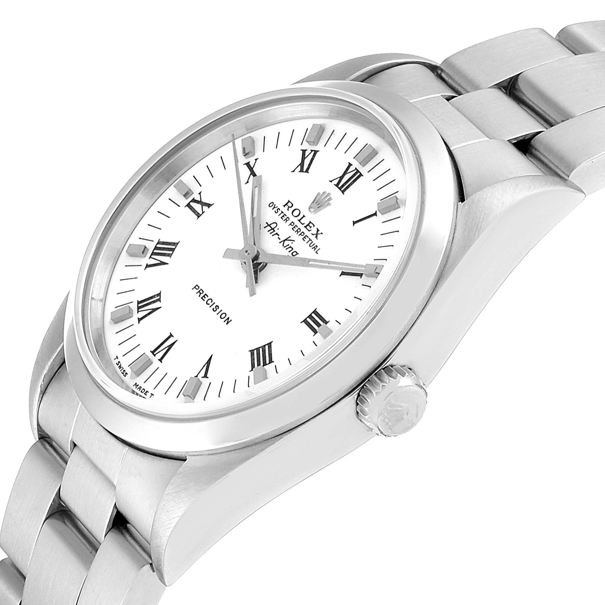 This image shows the Rolex Air-King 14000 Men's Stainless Steel White Dial 14000 Men's Stainless Steel White Dial watch at a tilted angle, highlighting the dial, bezel, case, crown, and bracelet.