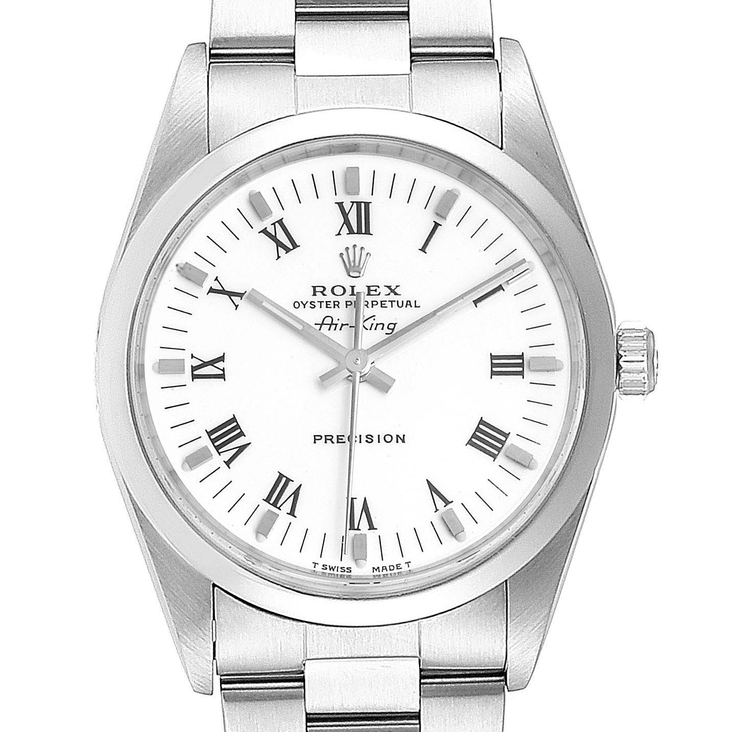 This image shows a frontal view of the Rolex Air-King 14000 Men's Stainless Steel White Dial 14000 Men's Stainless Steel White Dial watch, featuring its dial, bezel, and partial bracelet.