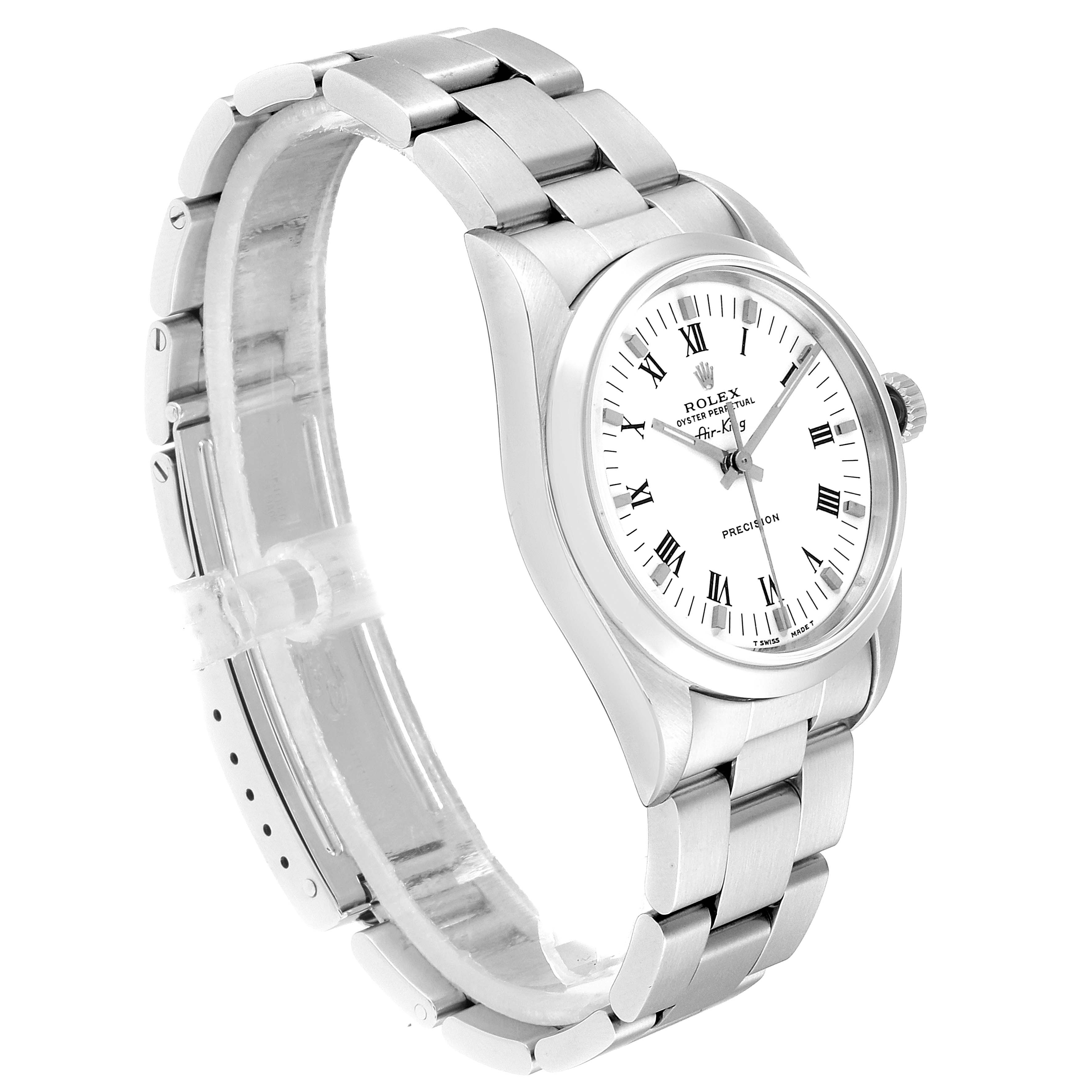 The image shows a side-angle view of the Rolex Air-King 14000 Men's Stainless Steel White Dial 14000 Men's Stainless Steel White Dial watch, highlighting the dial, crown, and bracelet.