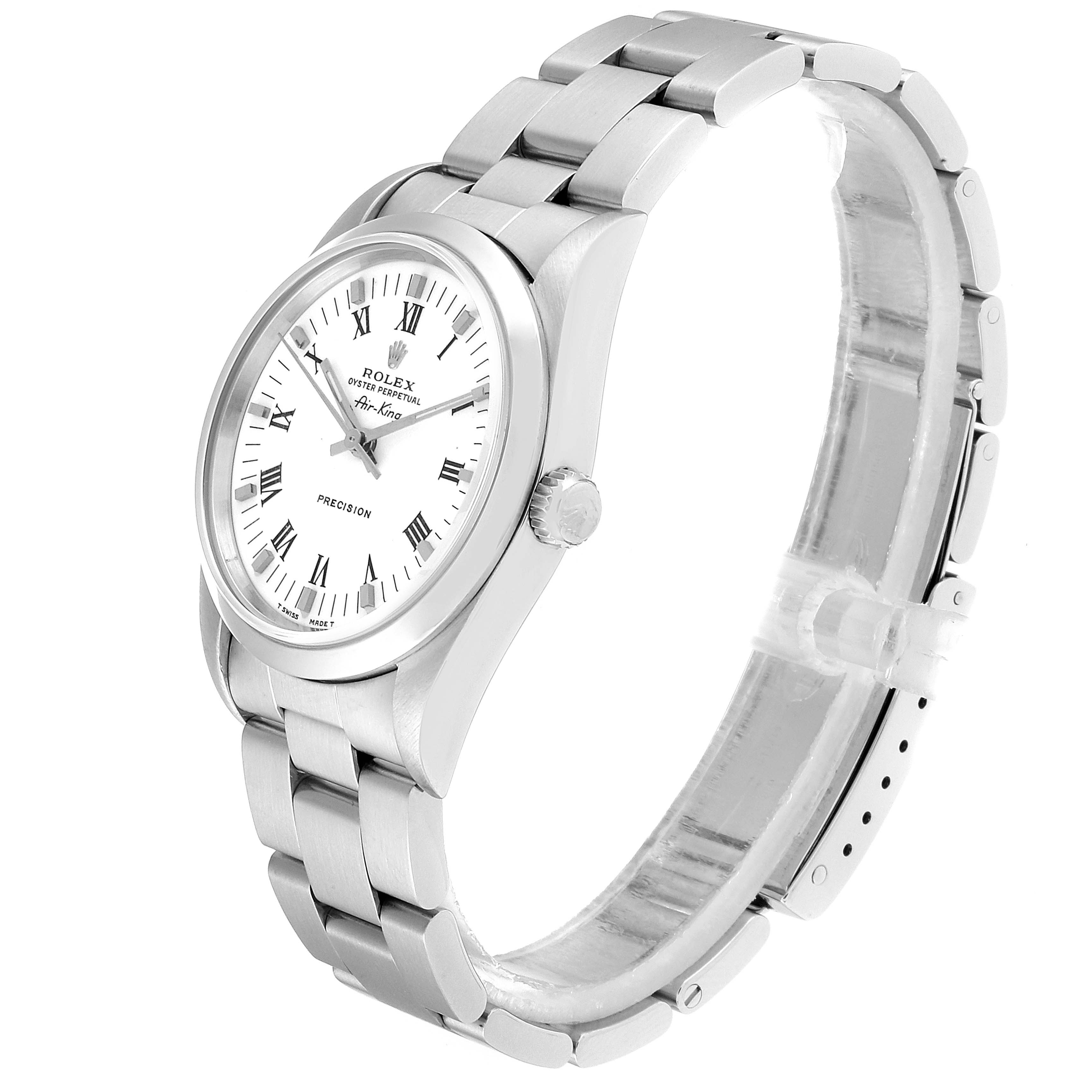 The image shows a Rolex Air-King 14000 Men's Stainless Steel White Dial 14000 Men's Stainless Steel White Dial watch from a slightly angled side view, highlighting the bracelet, crown, and face.