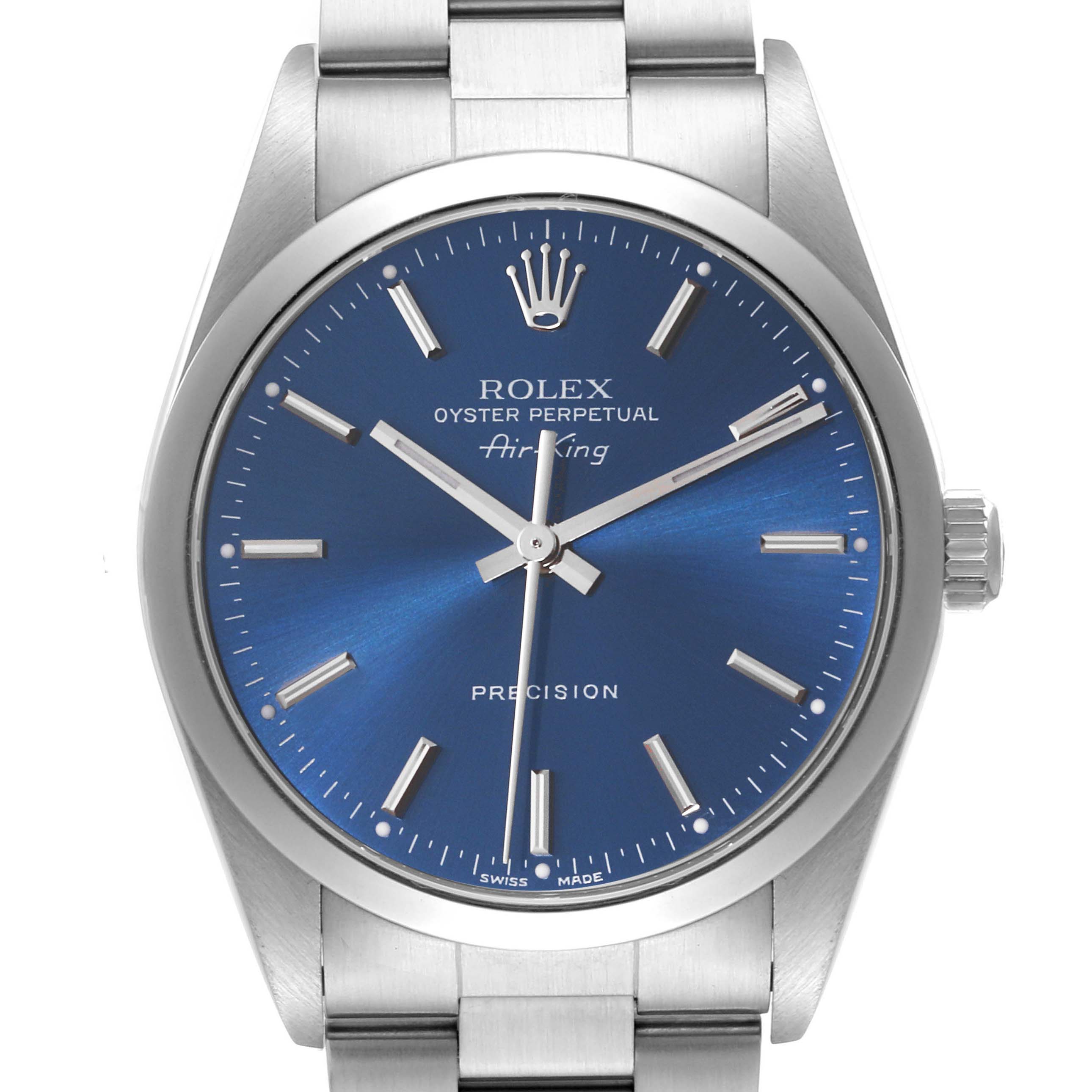 The Rolex Air-King 14000 Men's Stainless Steel Blue Dial watch is shown from a front angle, displaying the dial, hands, and stainless steel bracelet.