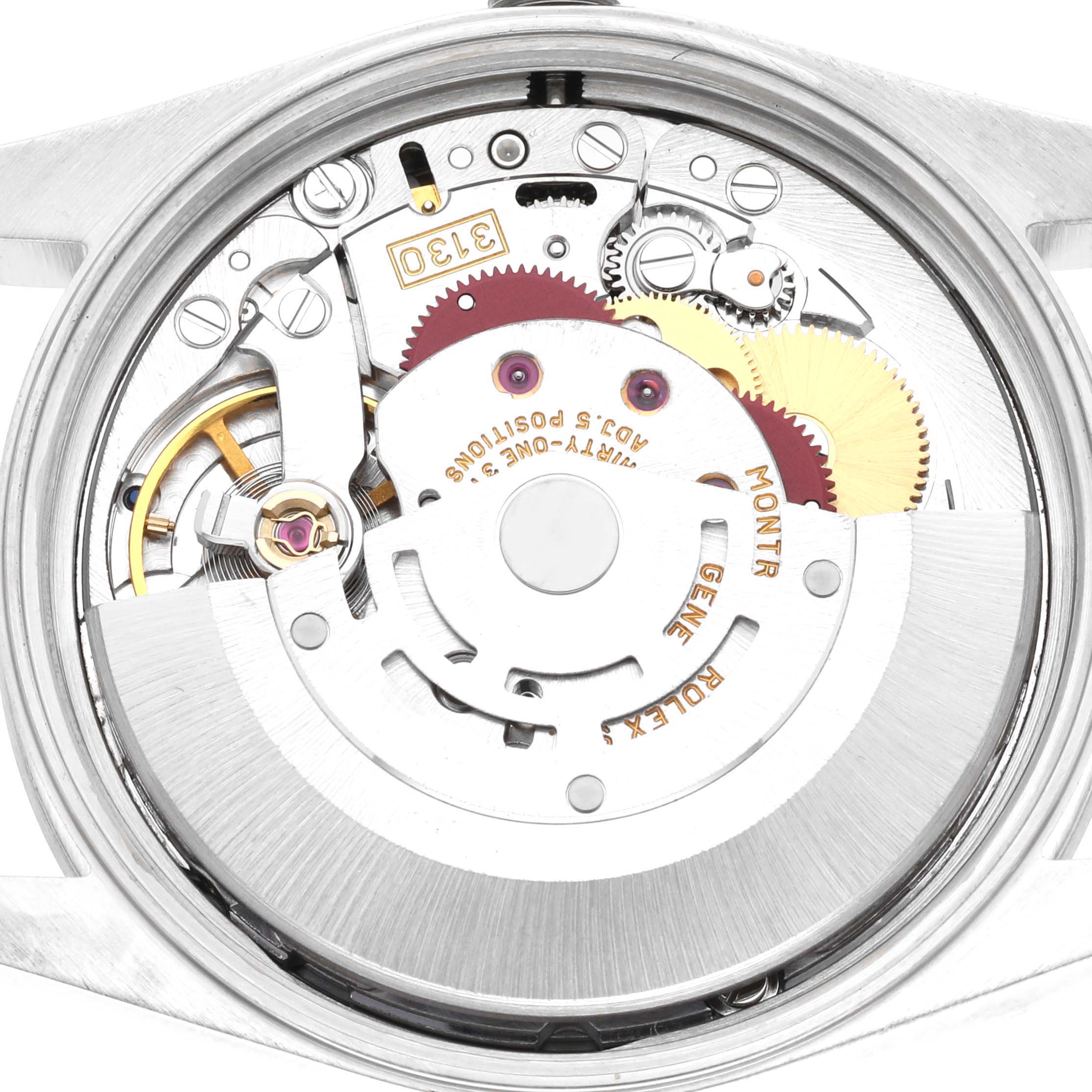 The image shows the movement of a Rolex Air-King 14000 Men's Stainless Steel Blue Dial watch, viewed from the back with gears and components visible.
