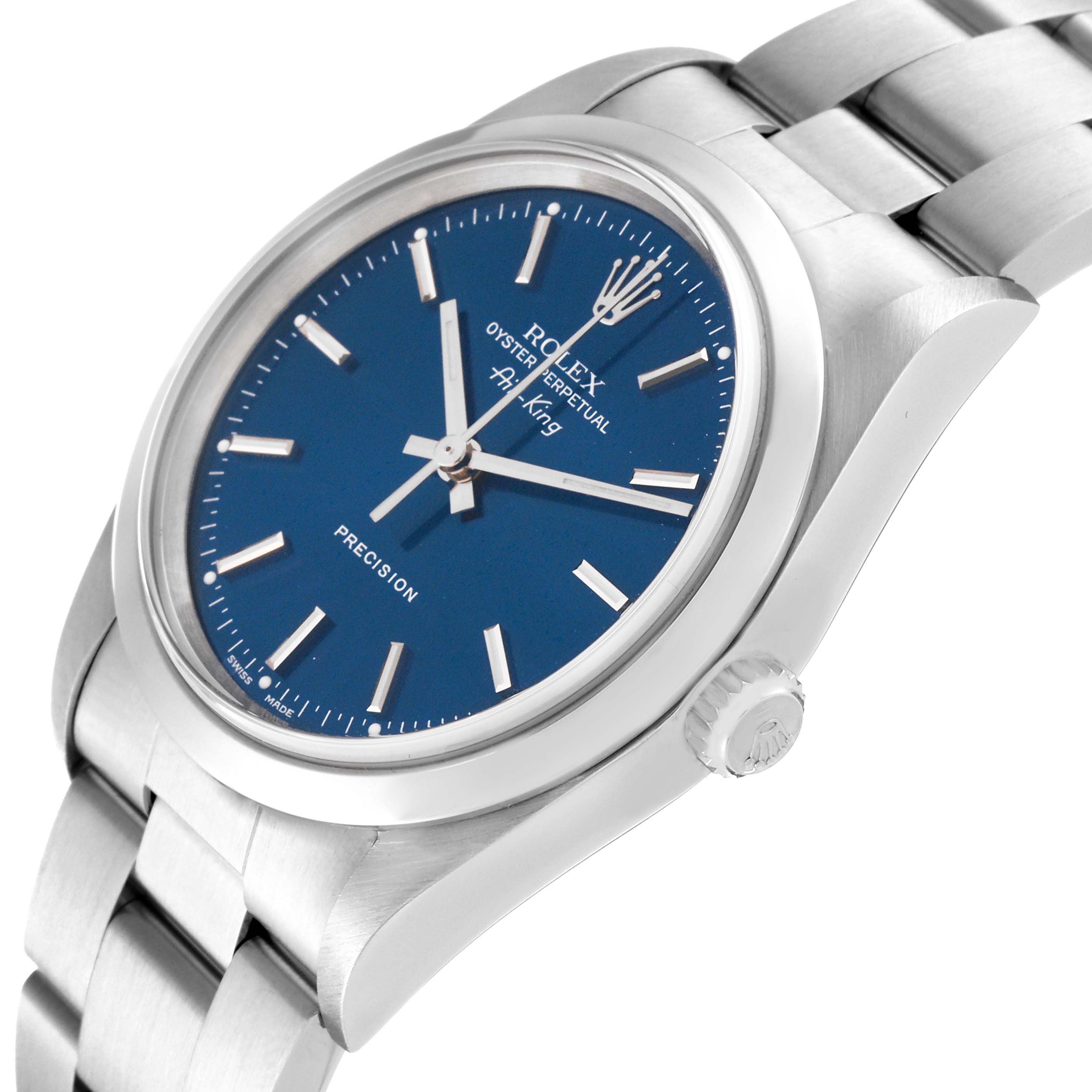 The Rolex Air-King 14000 Men's Stainless Steel Blue Dial watch is shown at a three-quarter angle, highlighting the blue dial, bezel, crown, and bracelet.