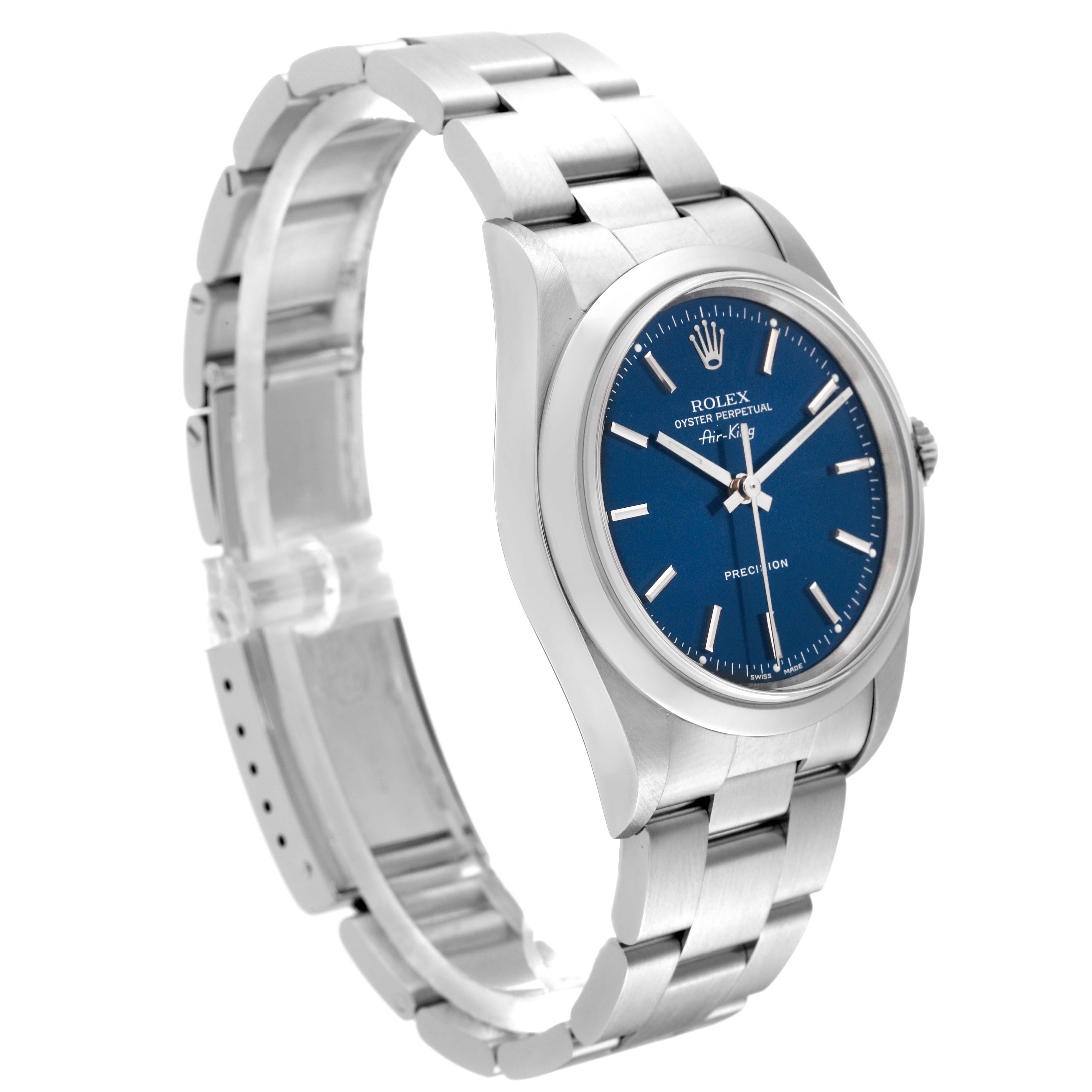 The Rolex Air-King 14000 Men's Stainless Steel Blue Dial watch is shown at a three-quarter angle, displaying the dial, bezel, and bracelet.