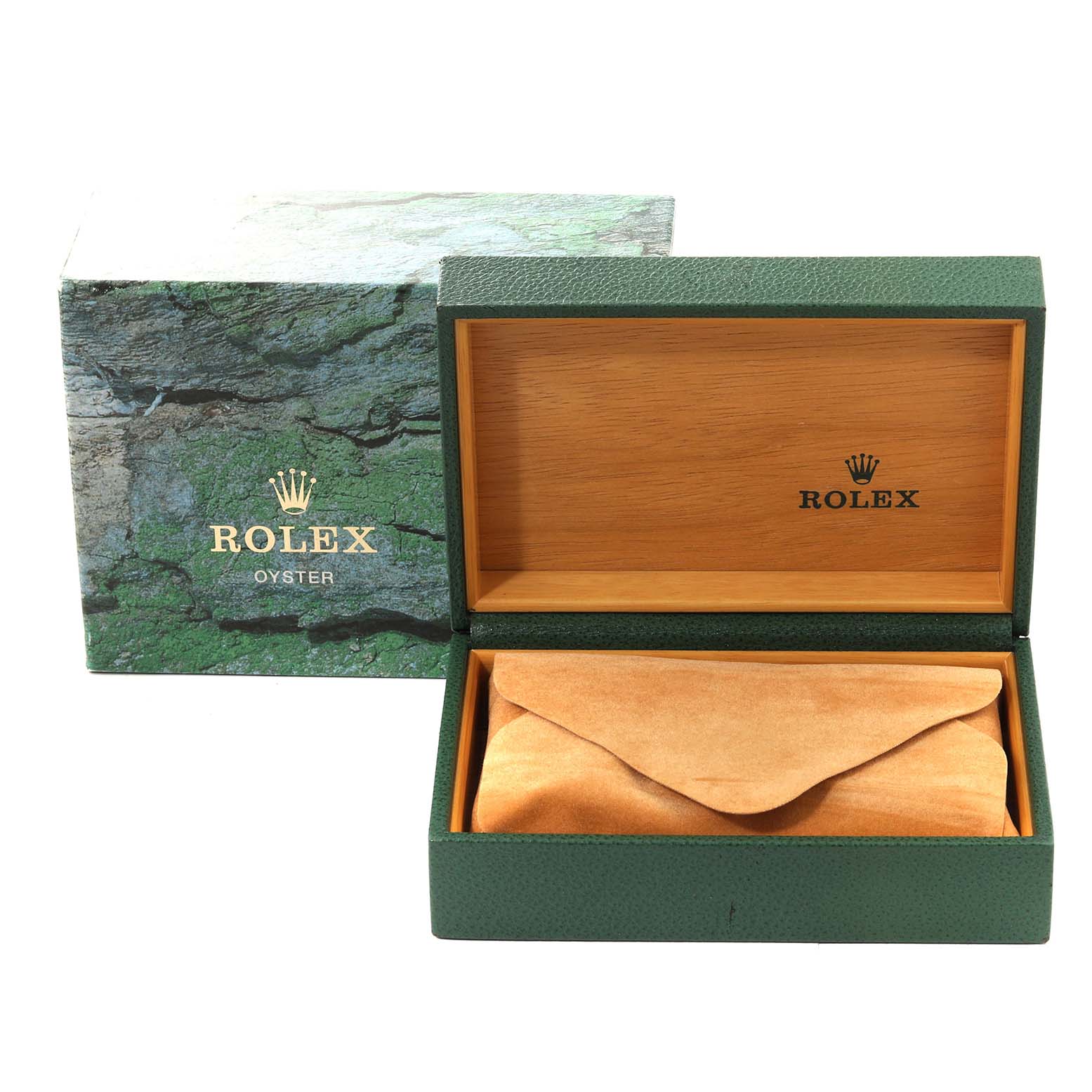 The image shows a Rolex Air-King 14000 Men's Stainless Steel Blue Dial watch box, featuring an open green case with a wooden interior and a protective pouch inside.