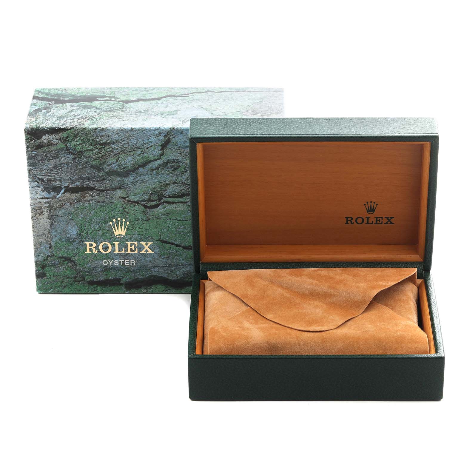 The image shows a Rolex Air-King 14000 Men's Stainless Steel Silver Dial 14000 Men's Stainless Steel Silver Dial watch box and packaging with a suede pouch inside.