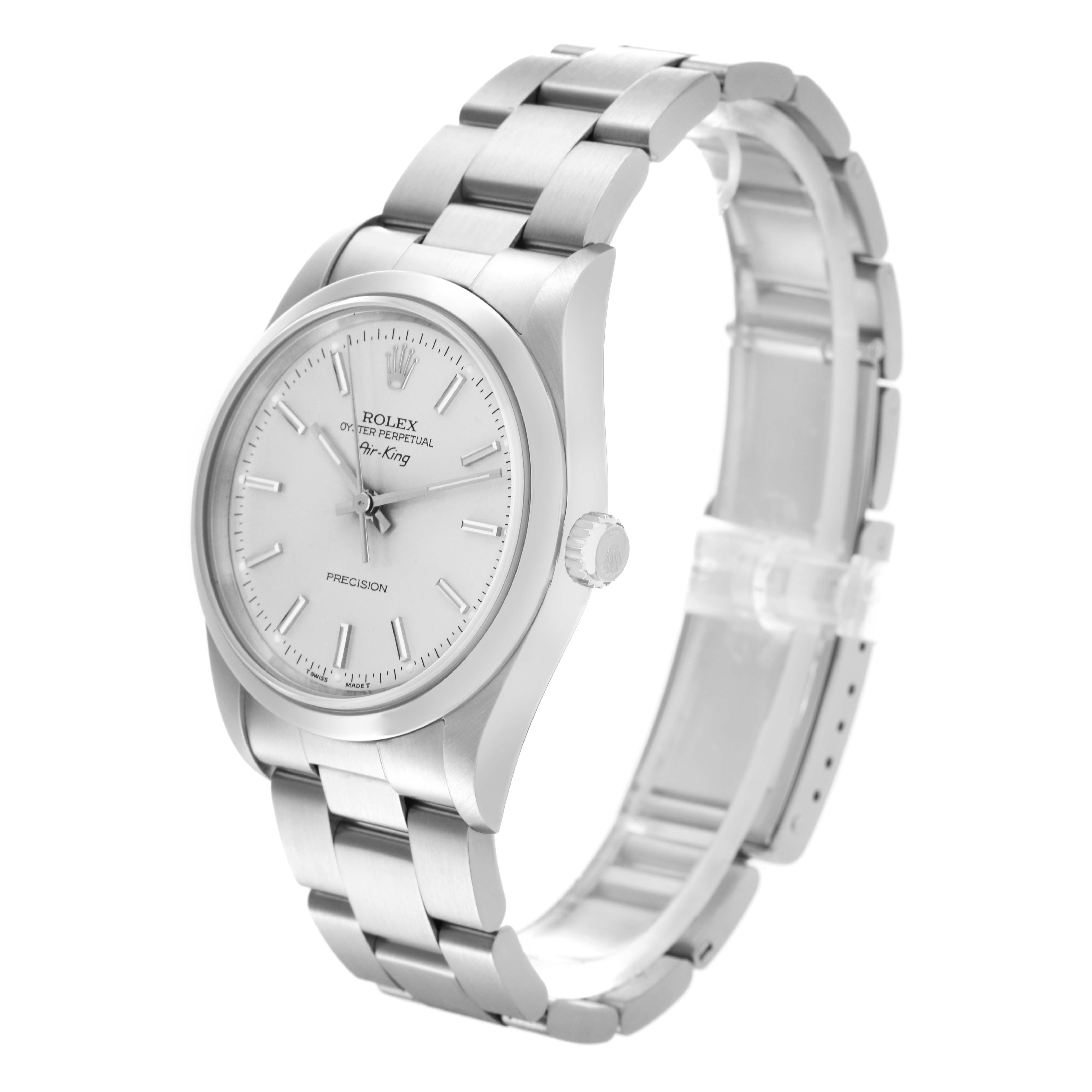 The Rolex Air-King 14000 Men's Stainless Steel Silver Dial 14000 Men's Stainless Steel Silver Dial watch is shown at a three-quarter angle, highlighting the face, bracelet, and crown.