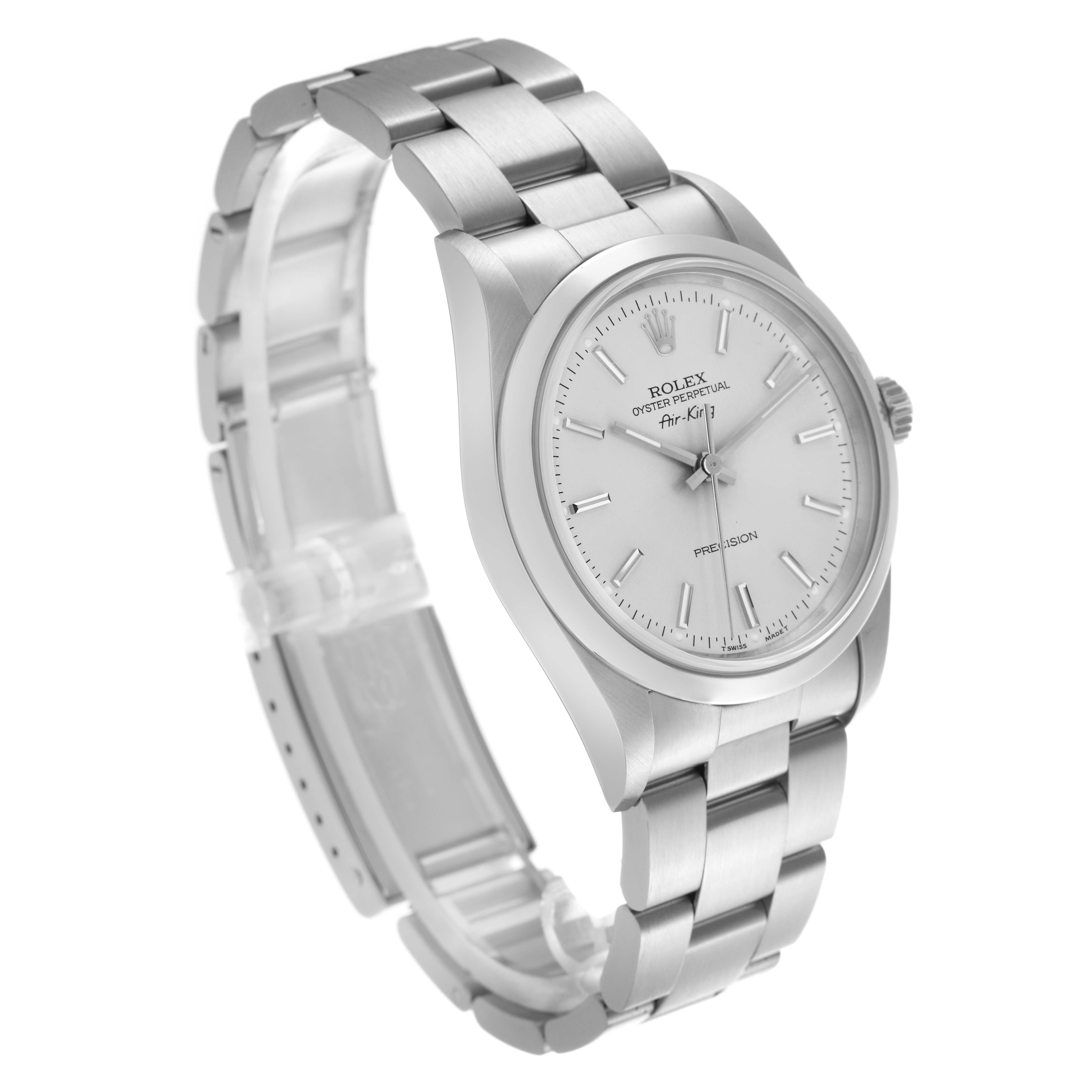 The Rolex Air-King 14000 Men's Stainless Steel Silver Dial 14000 Men's Stainless Steel Silver Dial watch is shown at a three-quarter angle, highlighting the face, bezel, and bracelet links.
