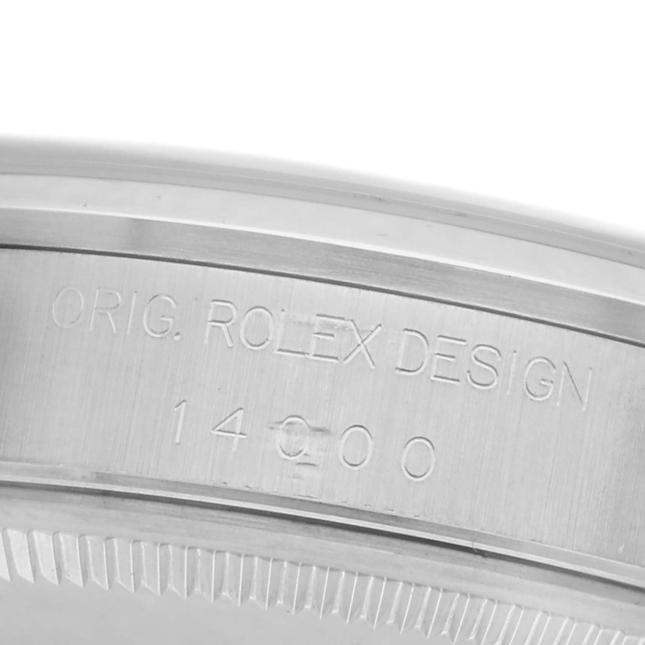 The image shows the side engraving on the case of a Rolex Air-King 14000 Men's Stainless Steel Silver Dial 14000 Men's Stainless Steel Silver Dial, featuring the design details.
