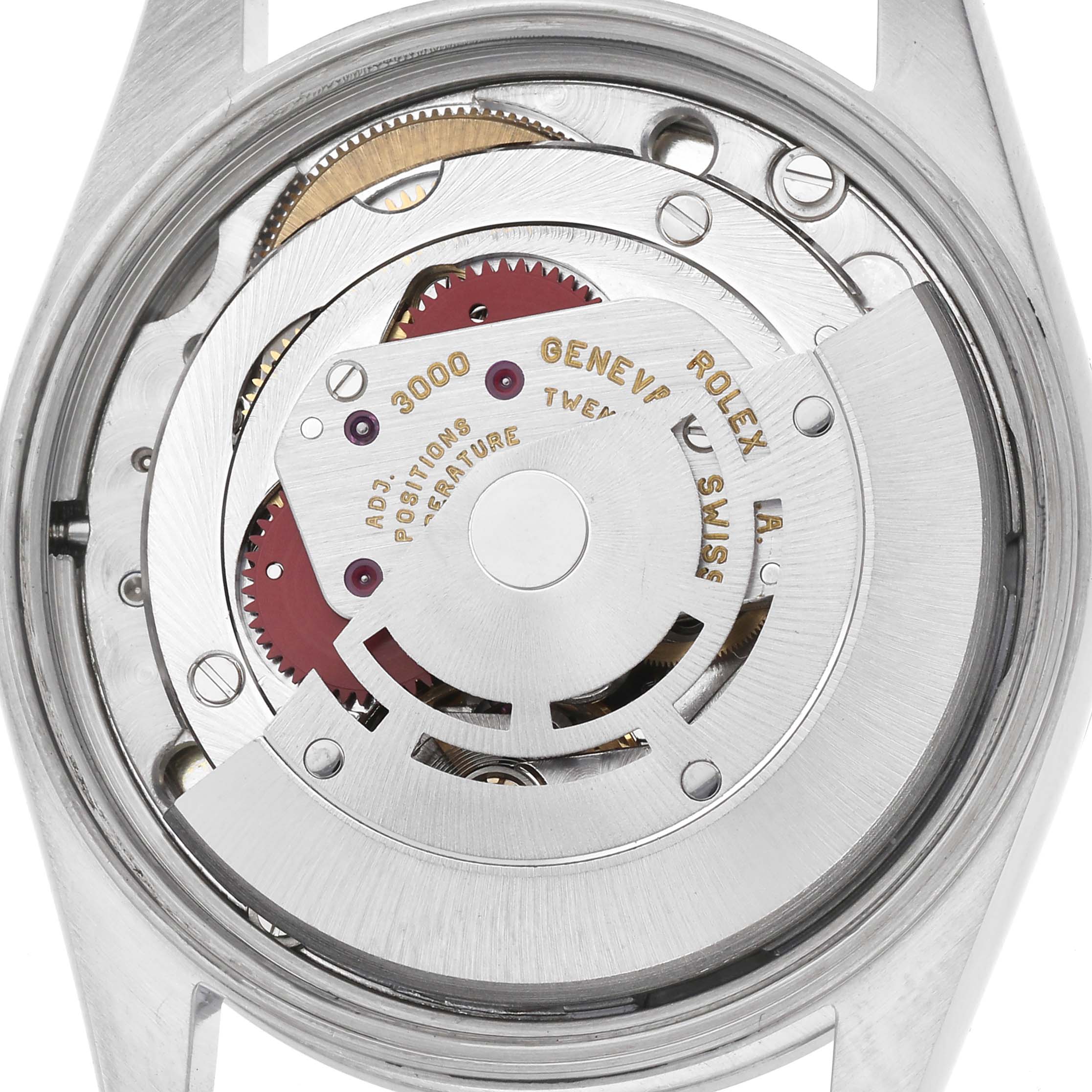 The image shows a detailed view of the movement mechanism of a Rolex Air-King 14000 Men's Stainless Steel Silver Dial 14000 Men's Stainless Steel Silver Dial watch from the back.