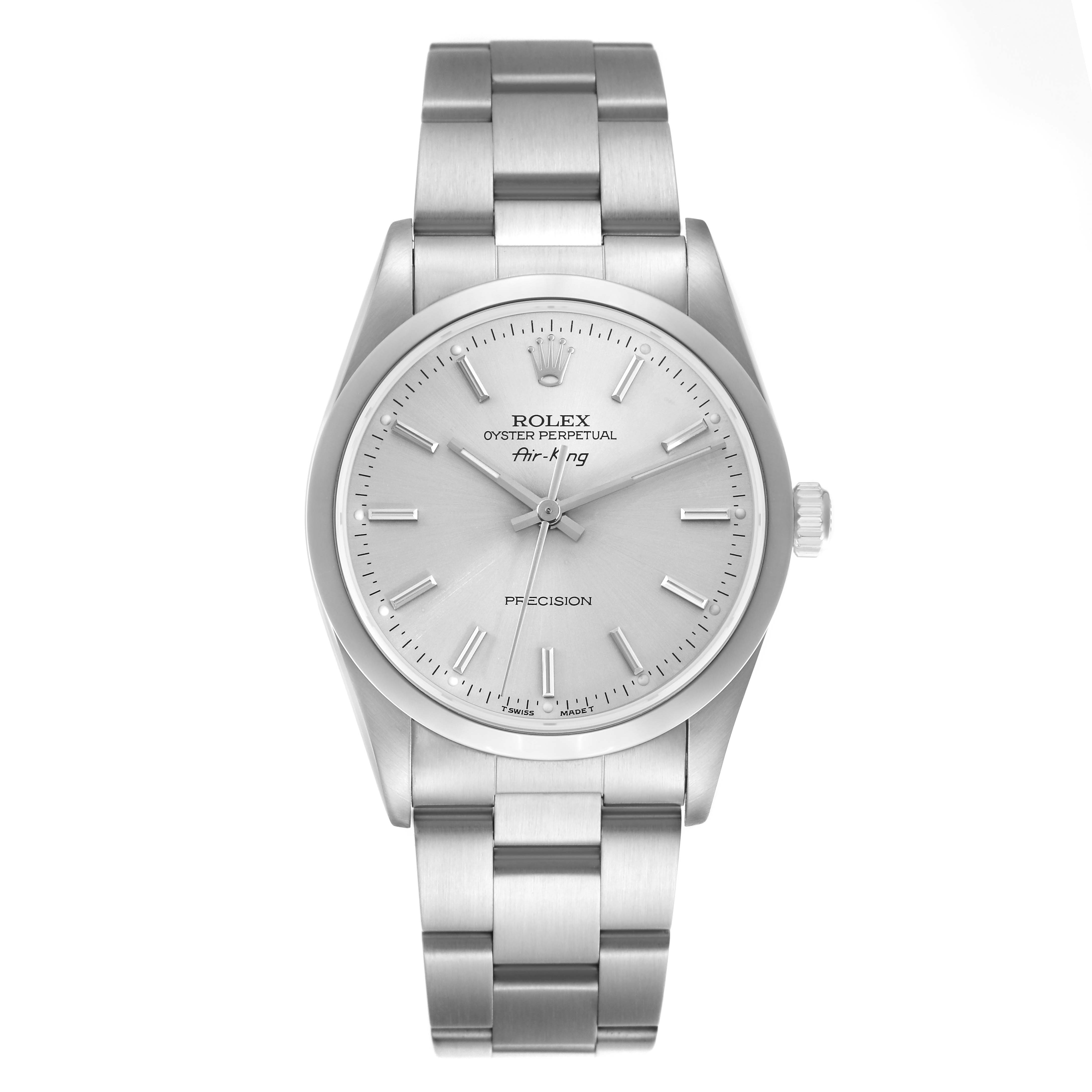 The Rolex Air-King 14000 Men's Stainless Steel Silver Dial 14000 Men's Stainless Steel Silver Dial watch is shown from a top-down angle, displaying the face, bracelet, and crown.