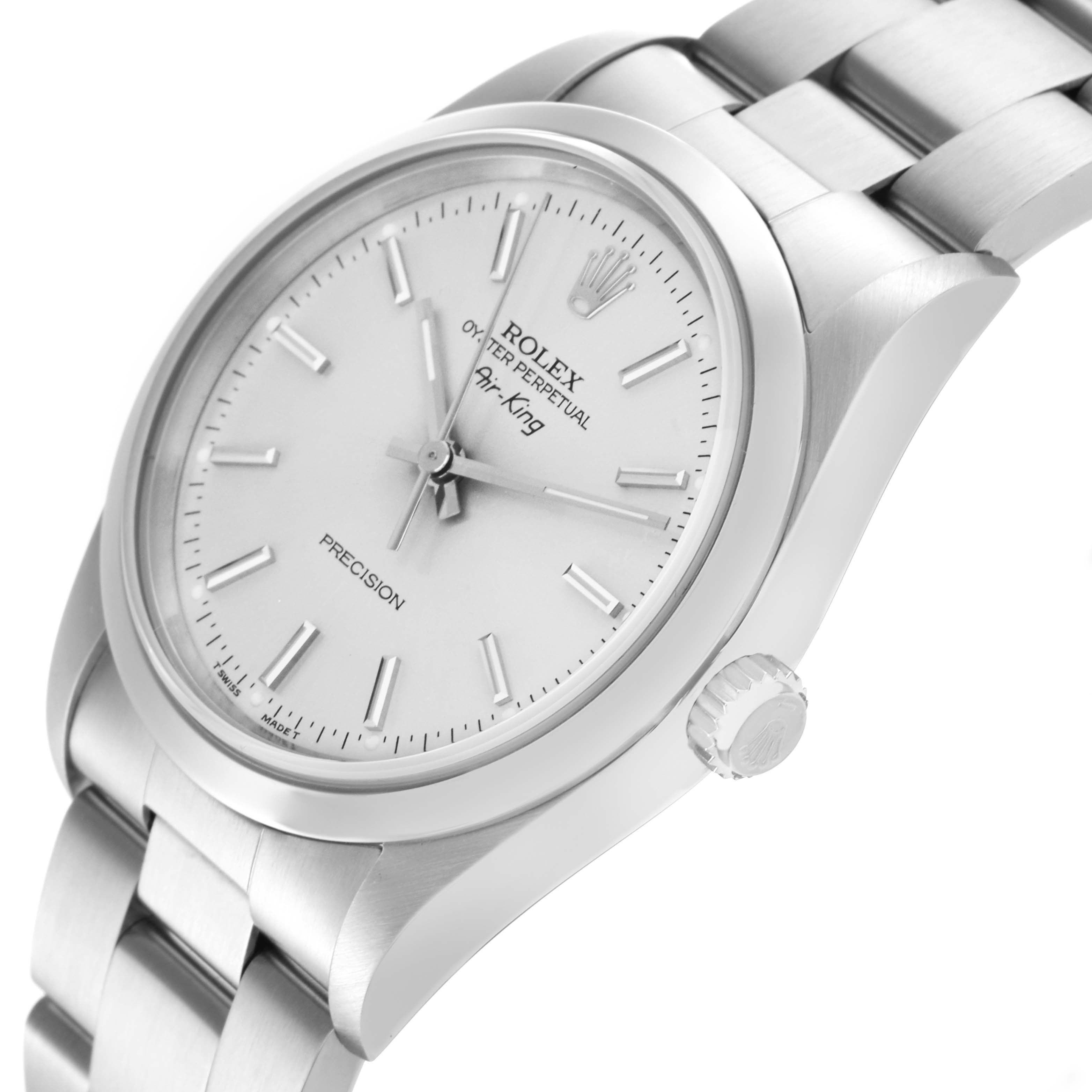 The Rolex Air-King 14000 Men's Stainless Steel Silver Dial 14000 Men's Stainless Steel Silver Dial watch is shown at a tilted angle, highlighting the dial, crown, and bracelet.