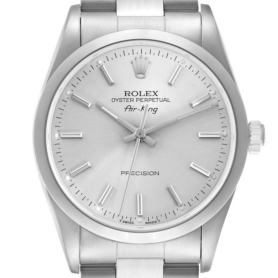 The Rolex Air-King watch is shown from a front angle, highlighting the dial, hands, and crown.