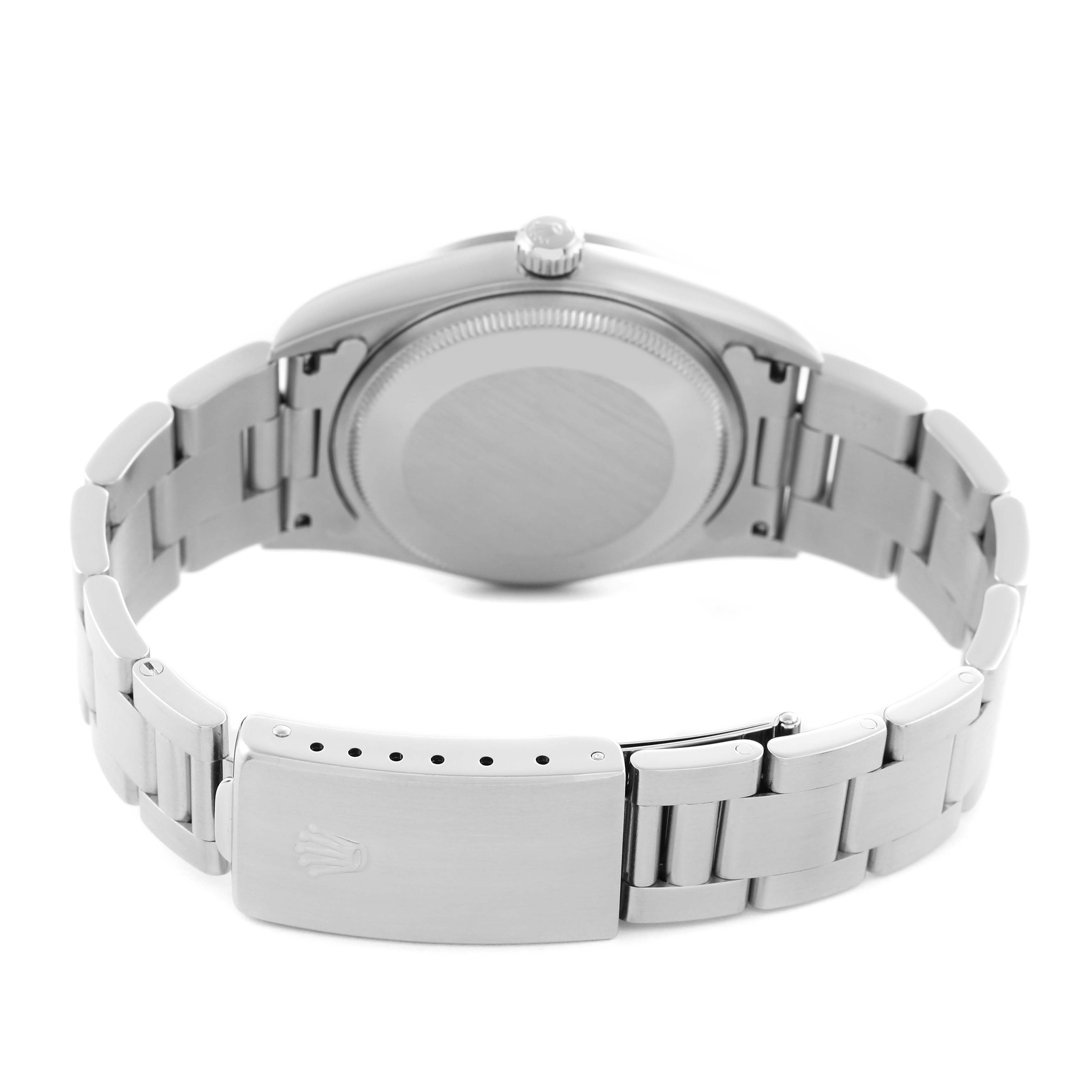 The image shows the back view of the Rolex Air-King 14000 Men's Stainless Steel Silver Dial 14000 Men's Stainless Steel Silver Dial, highlighting the case back, bracelet, and clasp.