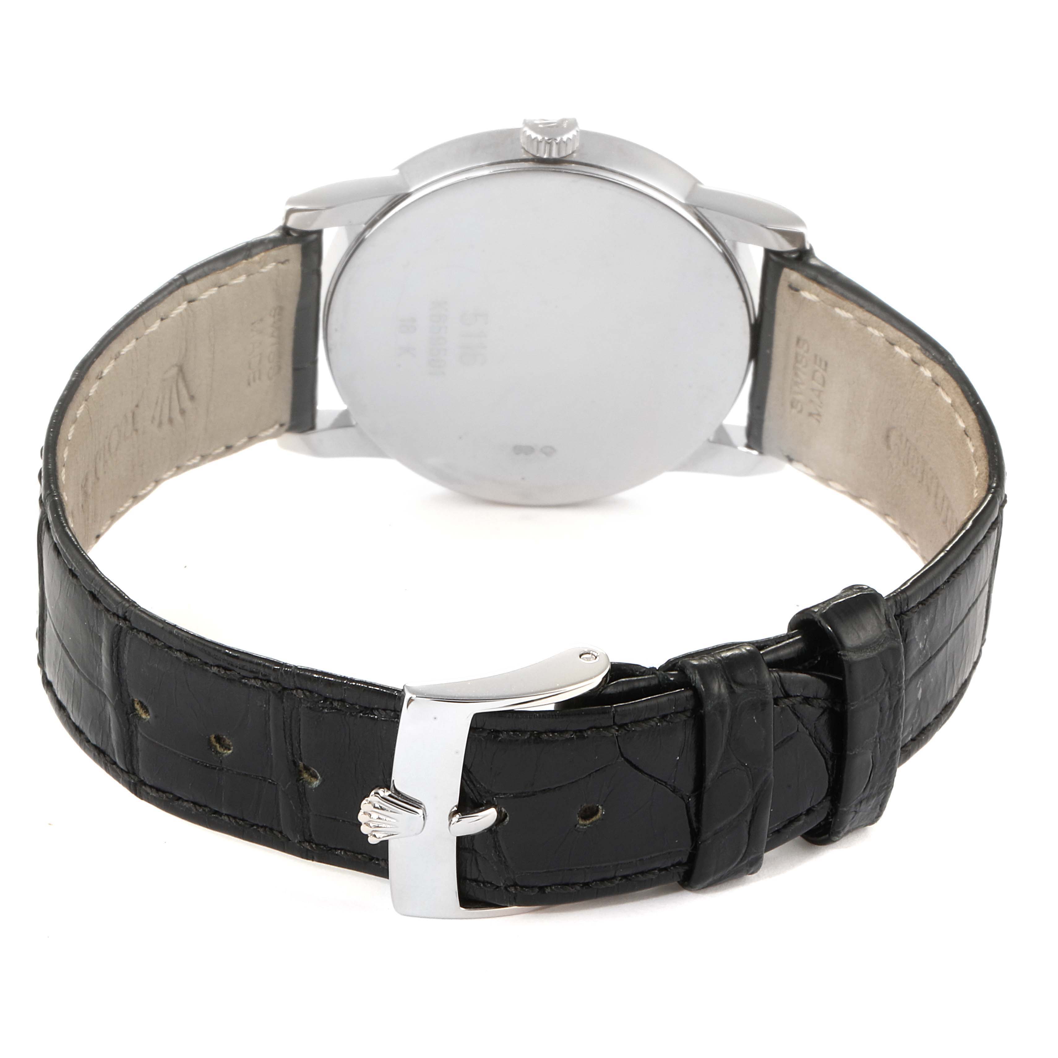 This is the back view of a Rolex Cellini 5116 Men's White Gold Silver Dial 5116 Men's White Gold Silver Dial watch, showcasing its leather strap and buckle.