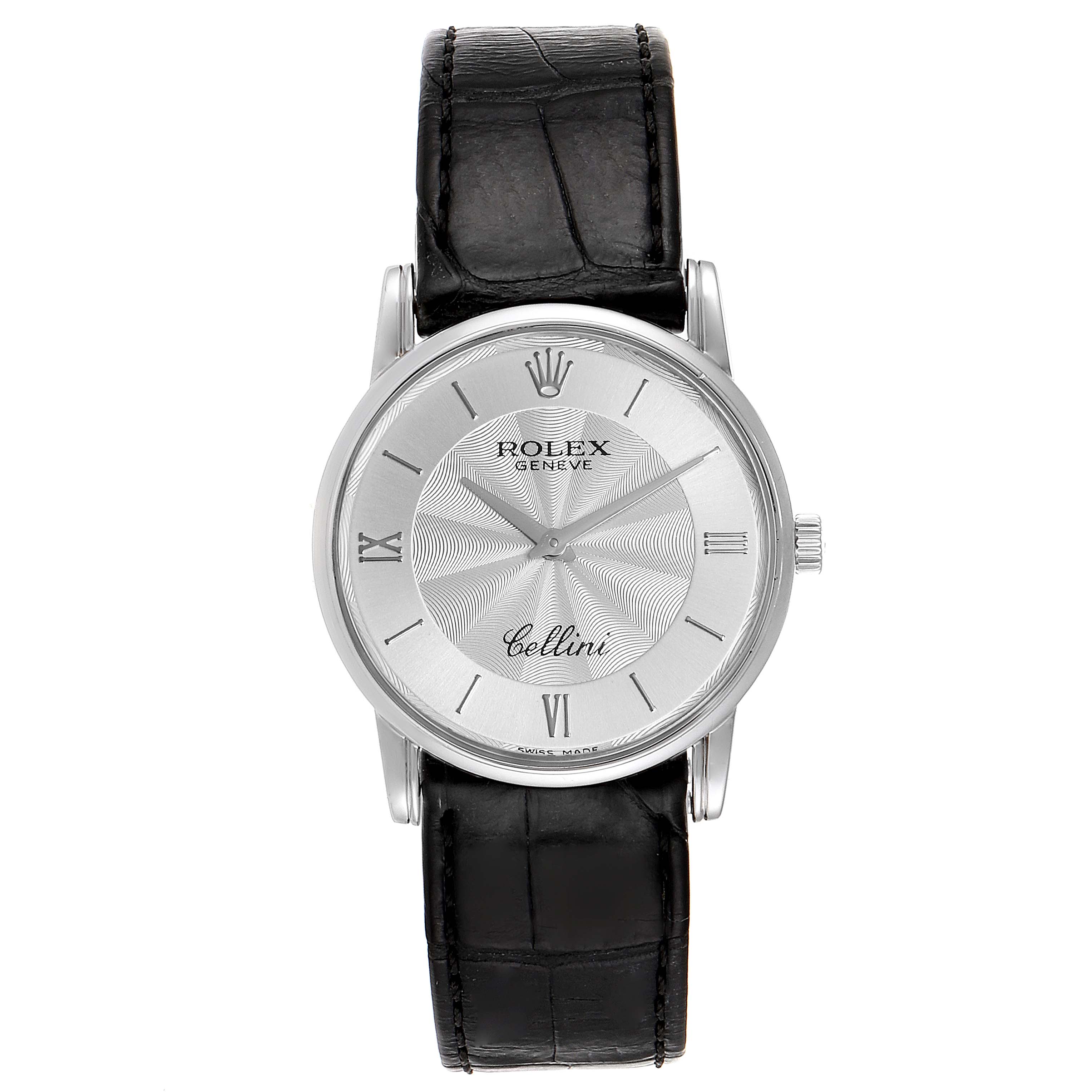 The image shows a front view of a Rolex Cellini 5116 Men's White Gold Silver Dial 5116 Men's White Gold Silver Dial watch, displaying the dial, bezel, case, crown, and black leather strap.