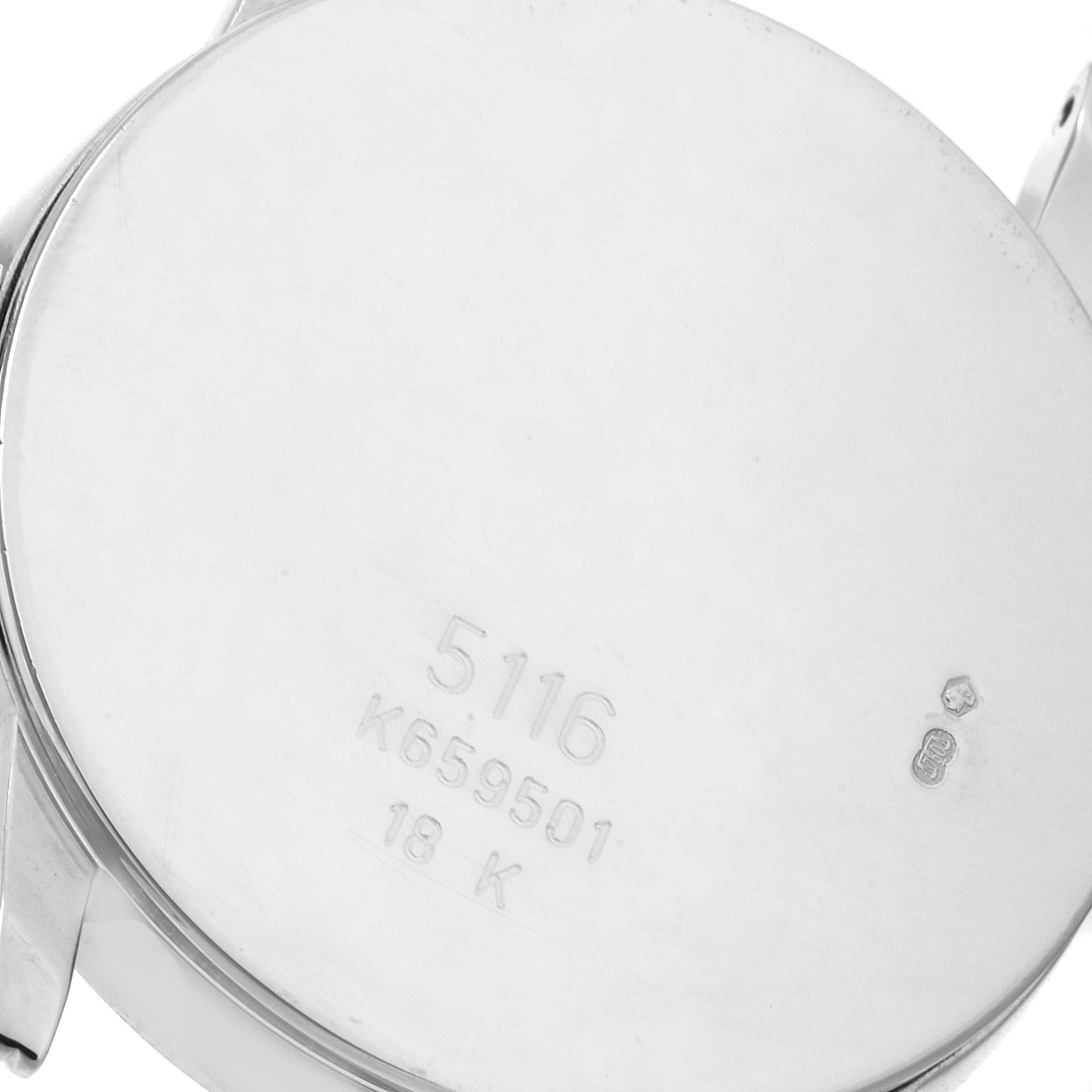 The image shows the back of a Rolex Cellini 5116 Men's White Gold Silver Dial 5116 Men's White Gold Silver Dial watch, highlighting the model number, serial number, and material engraving (18K).