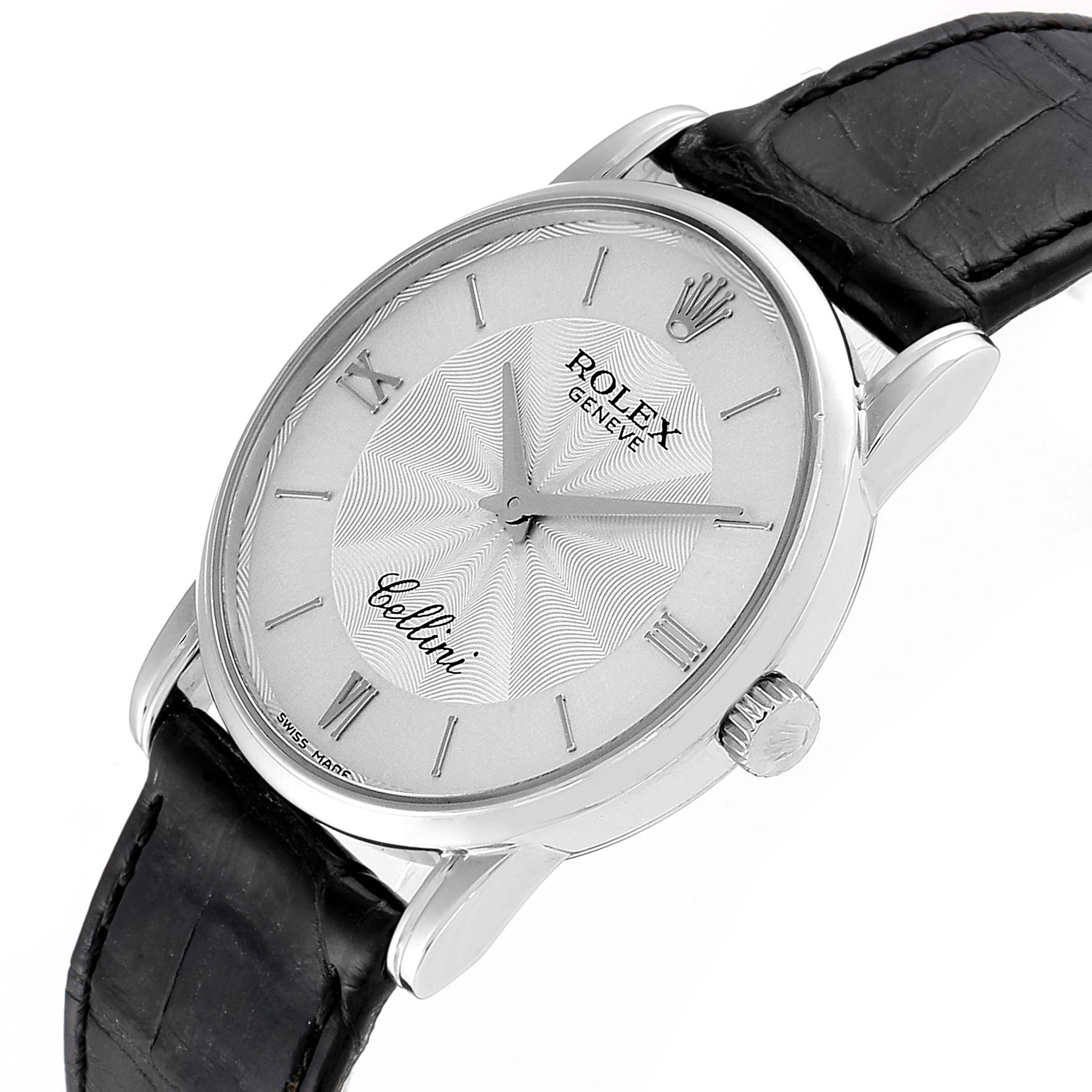 The angle shows the face, crown, and part of the strap of the Rolex Cellini 5116 Men's White Gold Silver Dial 5116 Men's White Gold Silver Dial model watch.