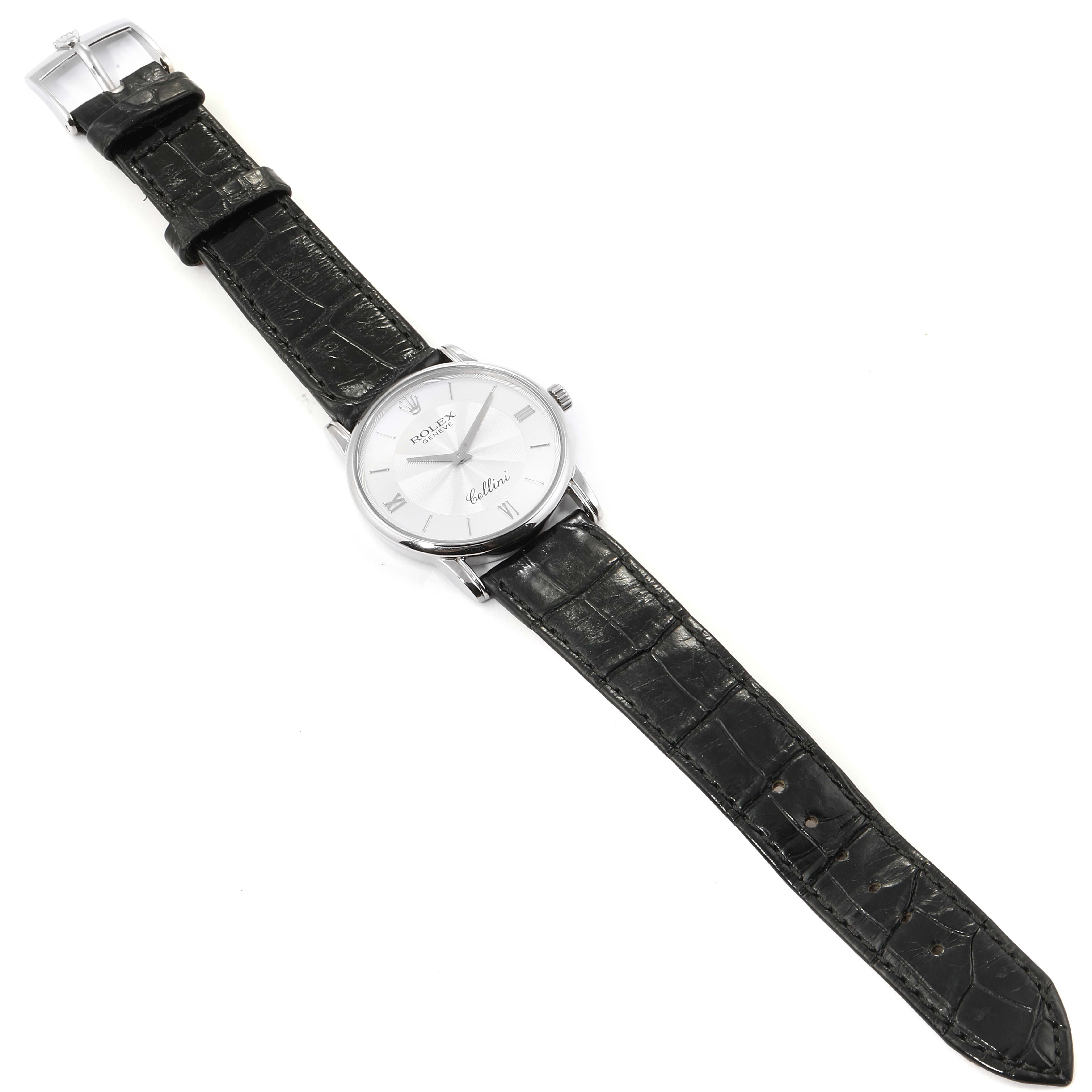 The image shows a top-down view of a Rolex Cellini 5116 Men's White Gold Silver Dial 5116 Men's White Gold Silver Dial watch, including its face, strap, and buckle.