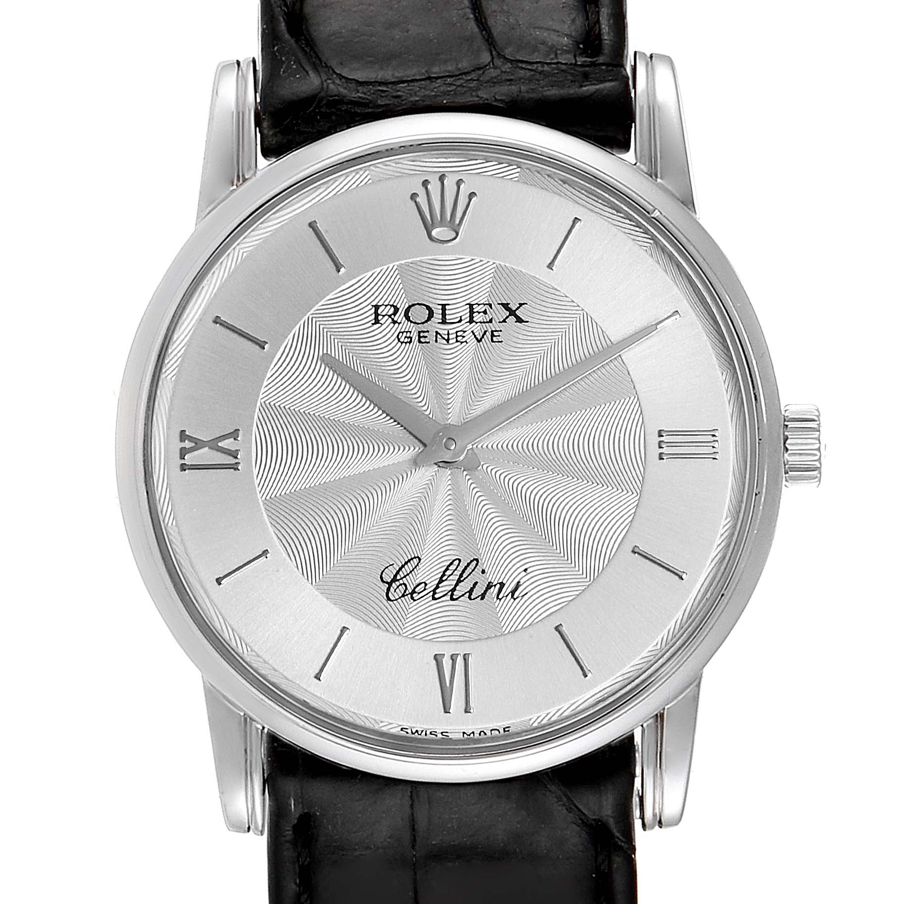 The image shows a front angle view of the Rolex Cellini 5116 Men's White Gold Silver Dial 5116 Men's White Gold Silver Dial watch, highlighting its dial, crown, and part of the leather strap.