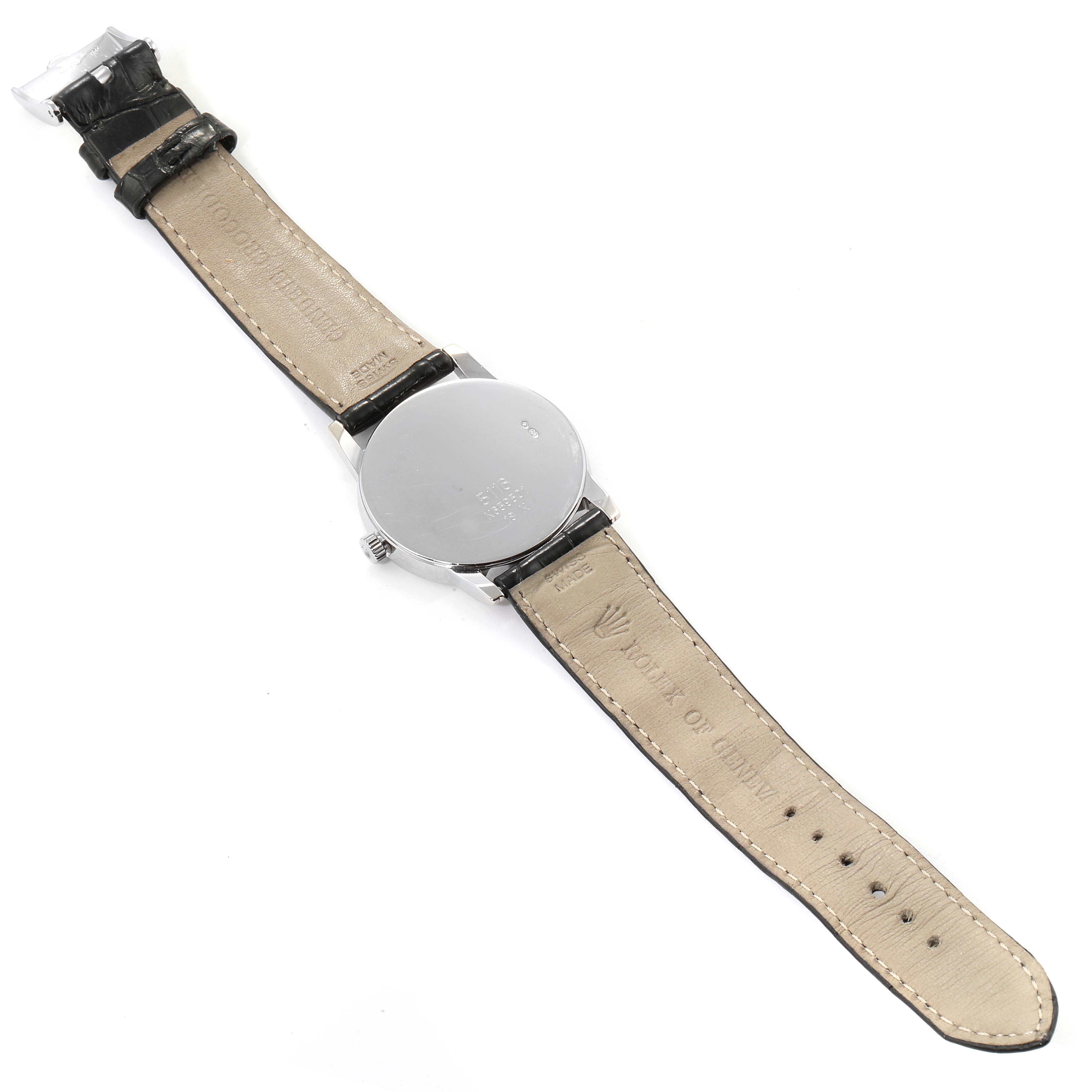 The Rolex Cellini 5116 Men's White Gold Silver Dial 5116 Men's White Gold Silver Dial watch is shown from the back, displaying its leather strap and the back case.