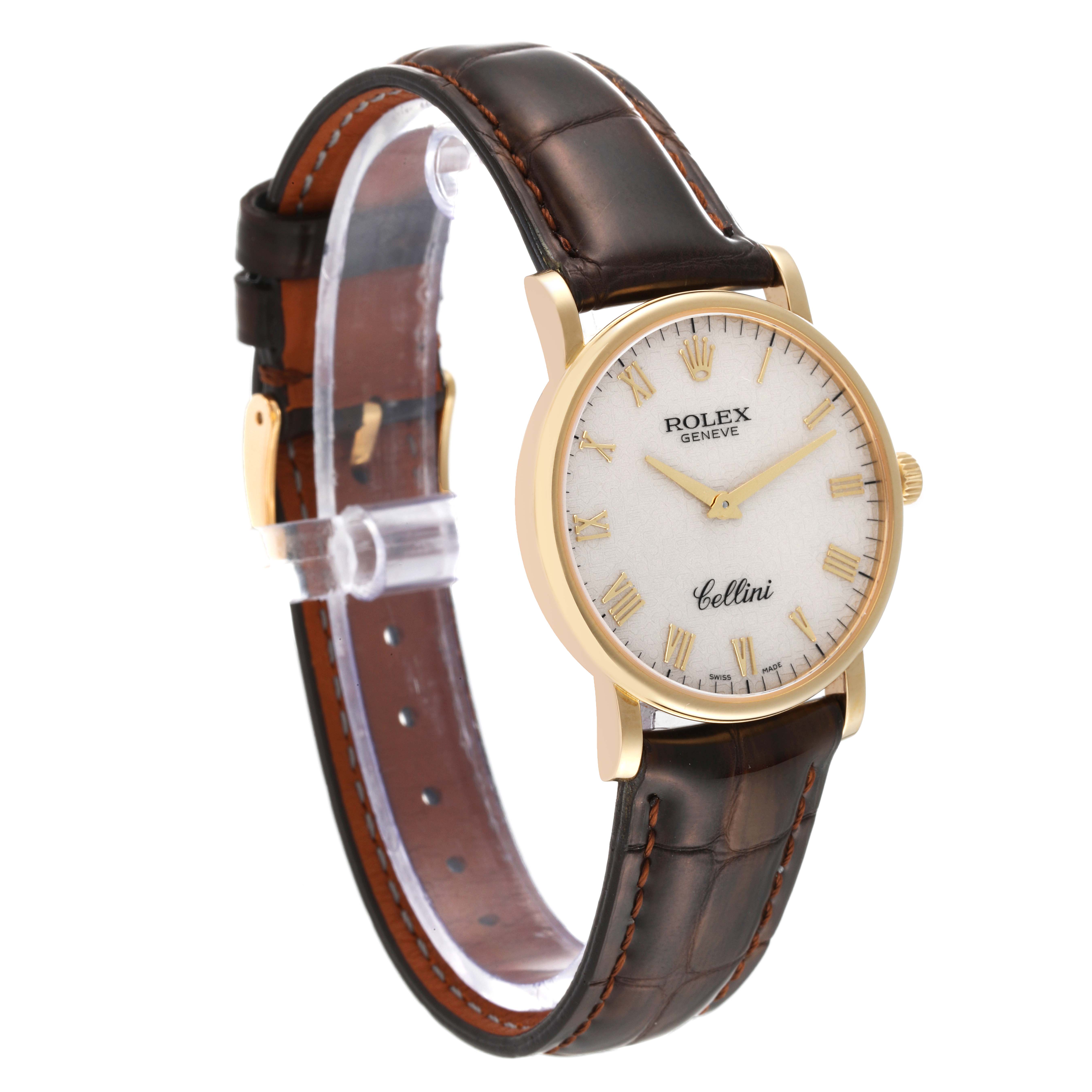 This Rolex Cellini 5115 Men's Yellow Gold Beige Dial 5115 Men's Yellow Gold Beige Dial watch is shown at a three-quarter angle, displaying its face, leather strap, and gold casing.