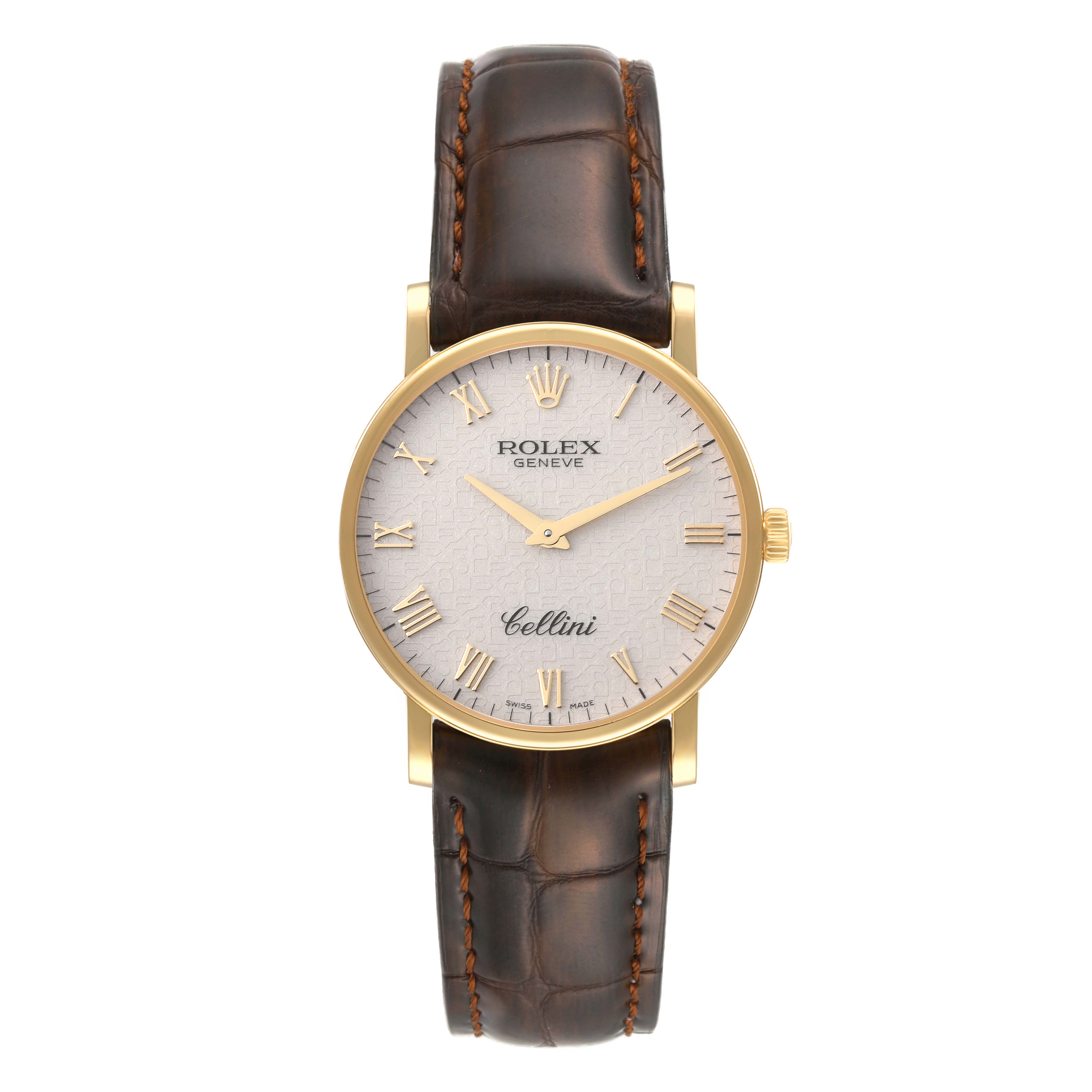 The Rolex Cellini 5115 Men's Yellow Gold Beige Dial 5115 Men's Yellow Gold Beige Dial watch is shown from a front angle, highlighting the dial, bezel, case, and leather strap.