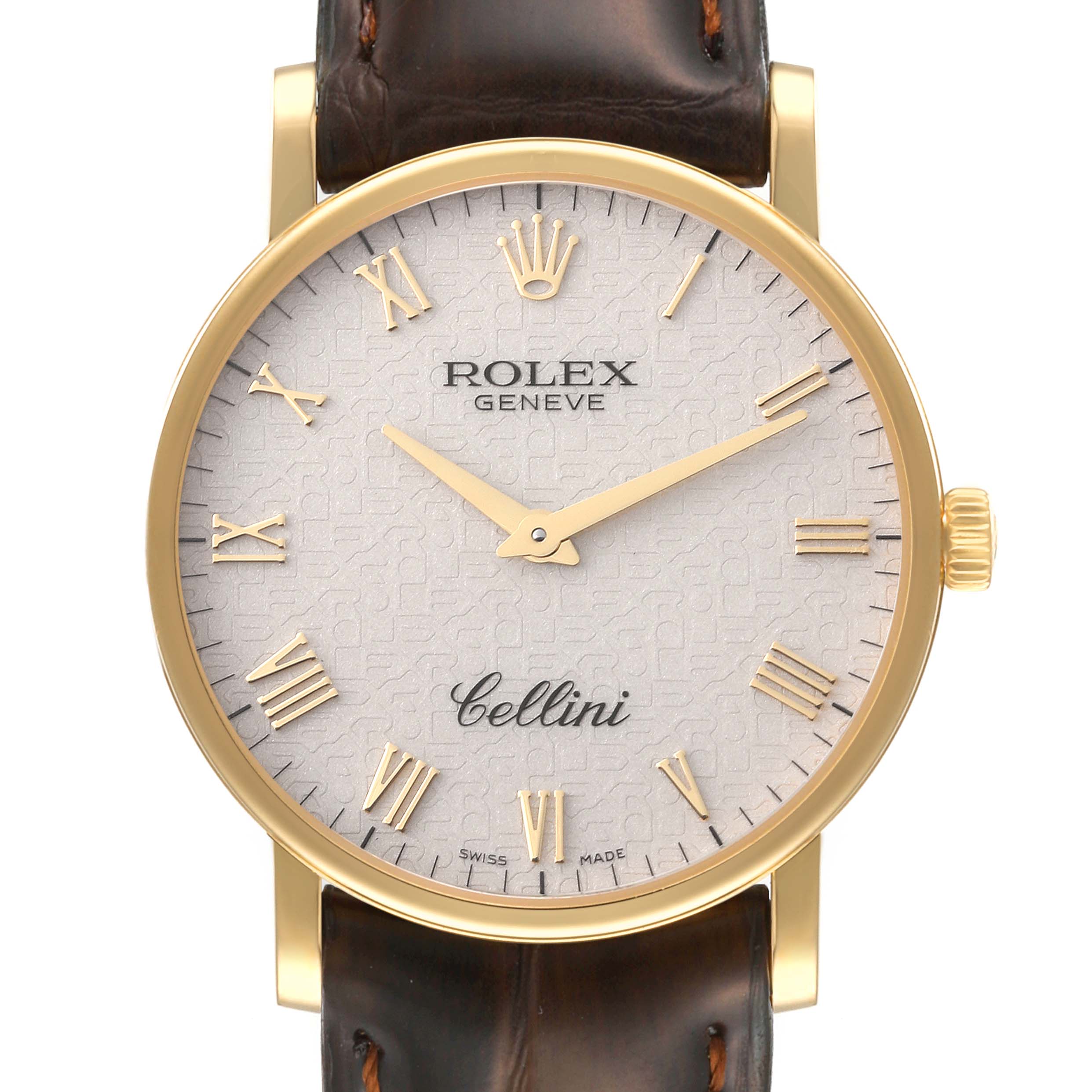 This image displays a Rolex Cellini 5115 Men's Yellow Gold Beige Dial 5115 Men's Yellow Gold Beige Dial watch face directly from the front, showing its gold case, Roman numerals, and brown leather strap.