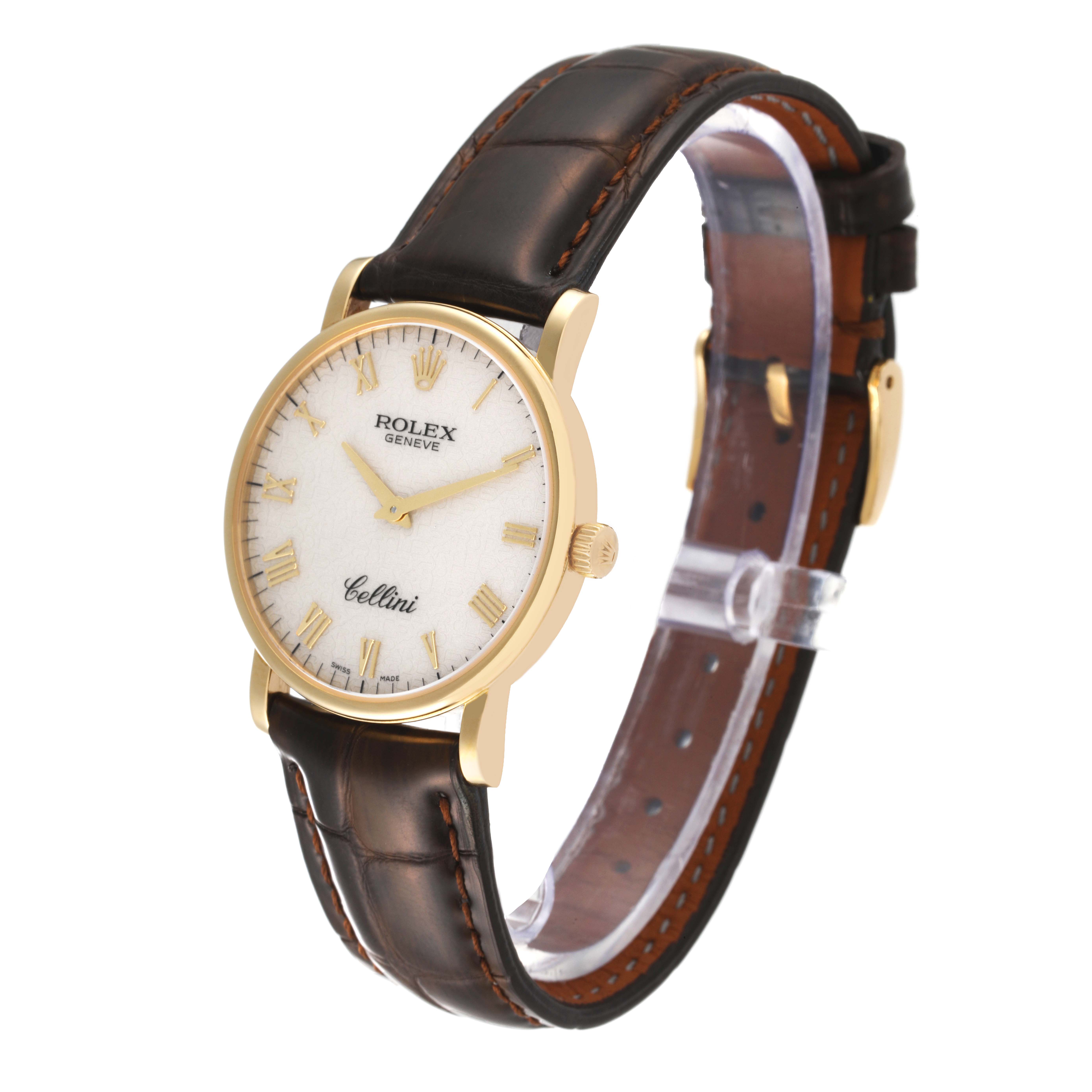 The image shows a Rolex Cellini 5115 Men's Yellow Gold Beige Dial 5115 Men's Yellow Gold Beige Dial watch at an angled view, highlighting the gold case, white dial, and brown leather strap.