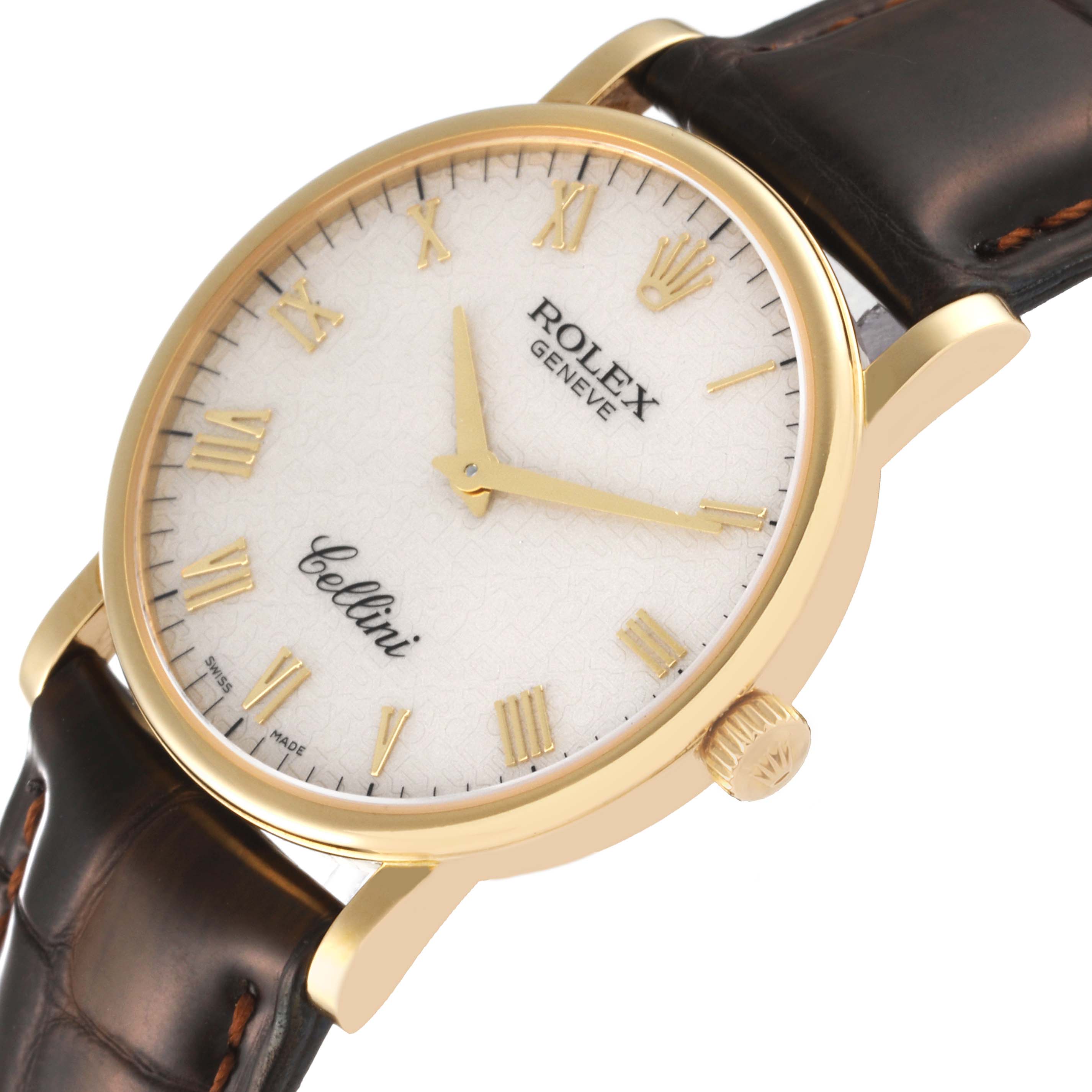 The image shows a Rolex Cellini 5115 Men's Yellow Gold Beige Dial 5115 Men's Yellow Gold Beige Dial watch from an angled side view, highlighting the watch face, crown, and leather strap.