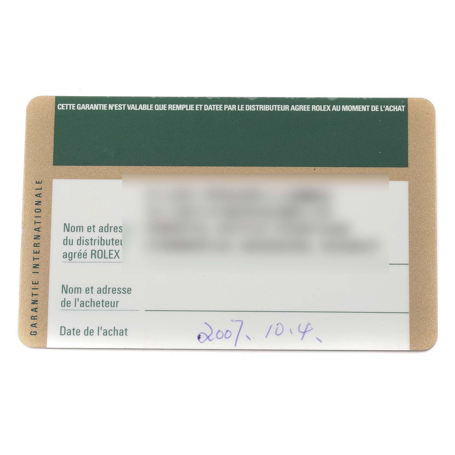 This image shows the warranty card for the Rolex Cellini 5441 Men
s White Gold Silver Dial 5441 Men
s White Gold Silver Dial model, displaying the purchase date and distributor information.