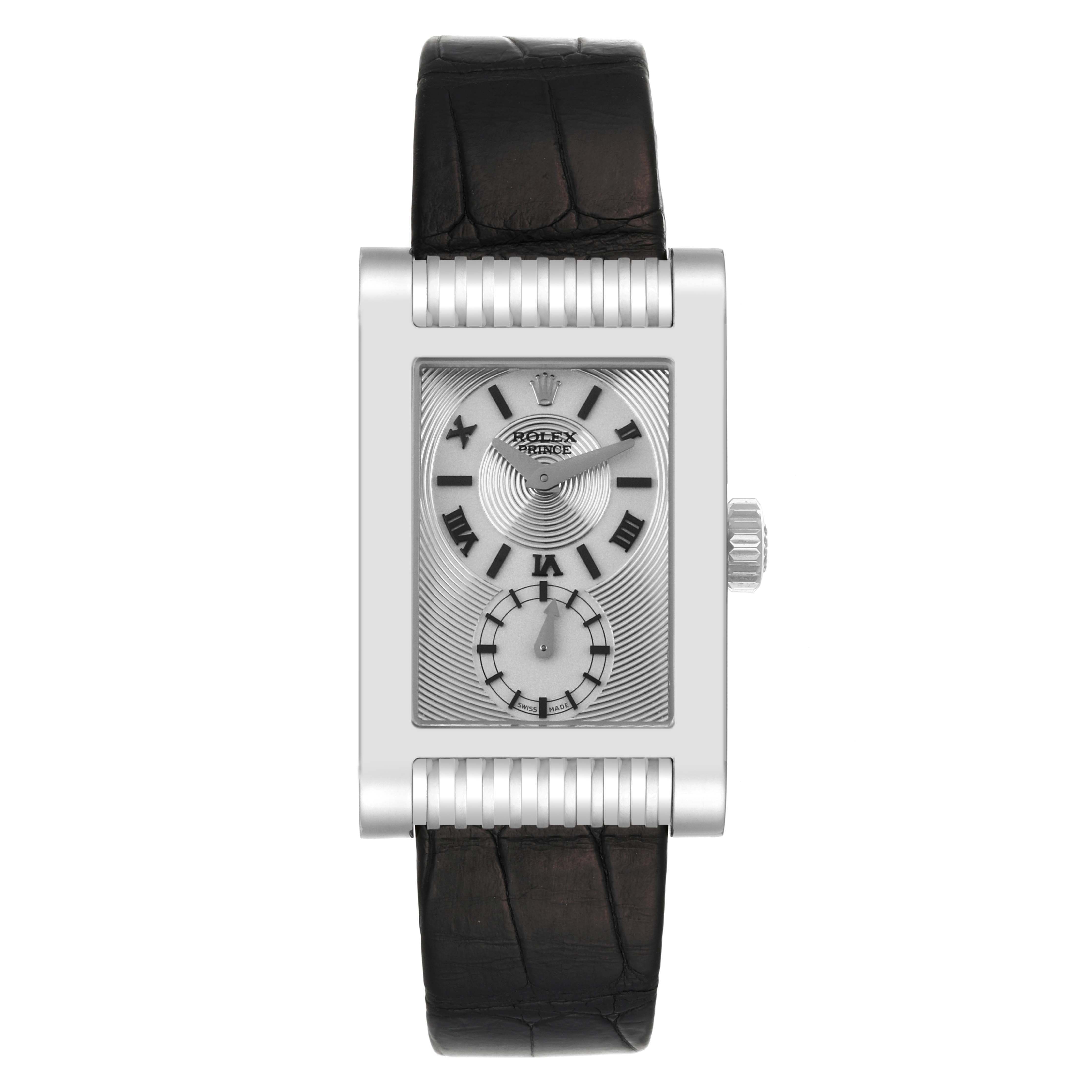This image shows a frontal view of the Rolex Cellini 5441 Men
s White Gold Silver Dial 5441 Men
s White Gold Silver Dial watch with a rectangular face, black leather strap, and silver casing.