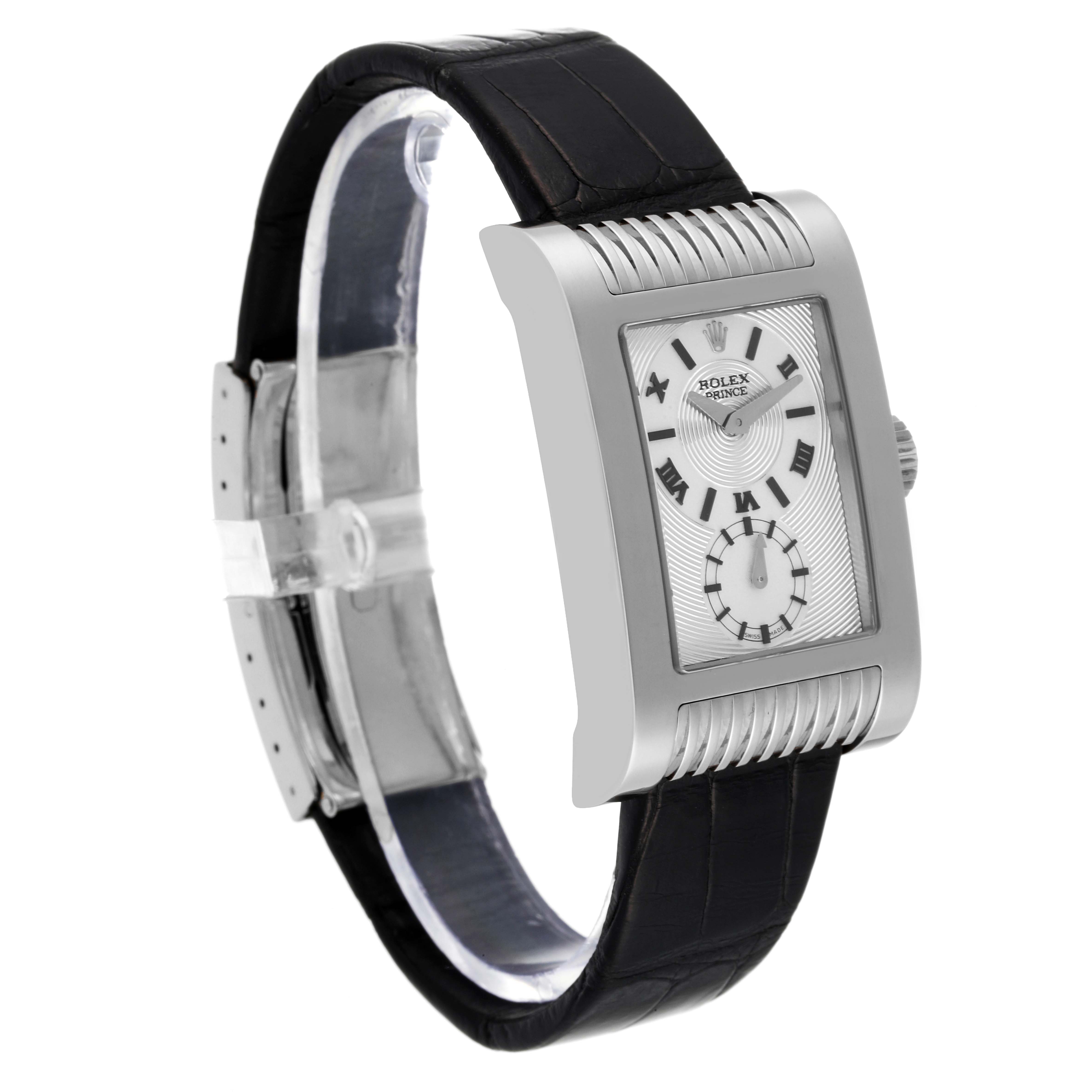 The image shows a Rolex Cellini 5441 Men
s White Gold Silver Dial 5441 Men
s White Gold Silver Dial watch at a slight angle, highlighting its rectangular dial, black leather strap, and side crown.