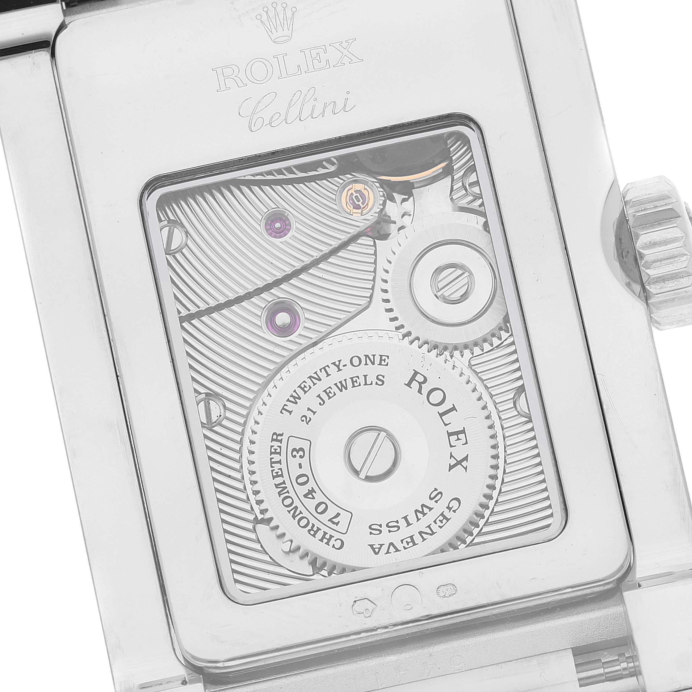 This image shows the back view of a Rolex Cellini 5441 Men
s White Gold Silver Dial 5441 Men
s White Gold Silver Dial watch, highlighting its intricate internal movement and gears.