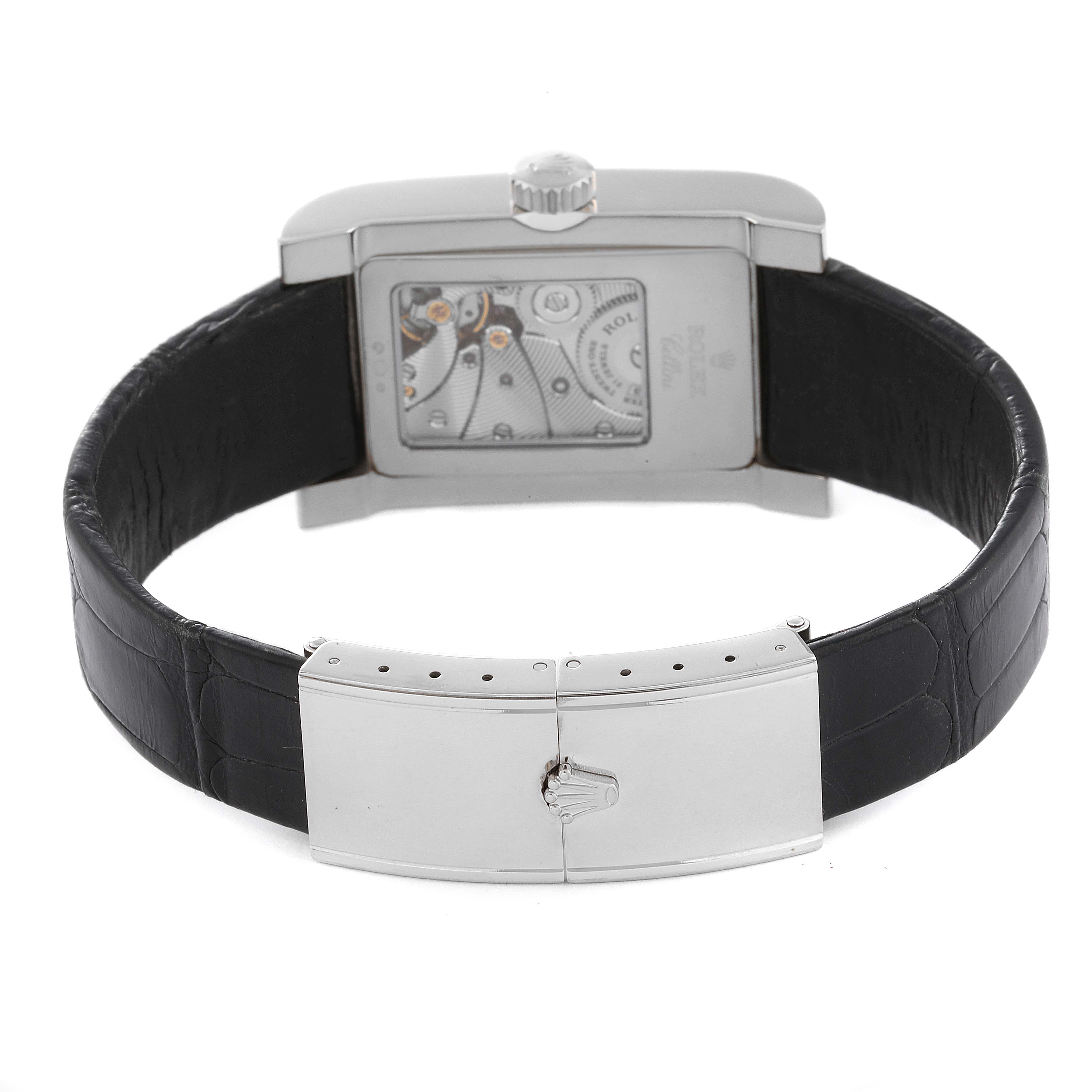 The Rolex Cellini 5441 Men
s White Gold Silver Dial 5441 Men
s White Gold Silver Dial watch is shown from the back, highlighting its leather strap and the transparent case back displaying the movement.