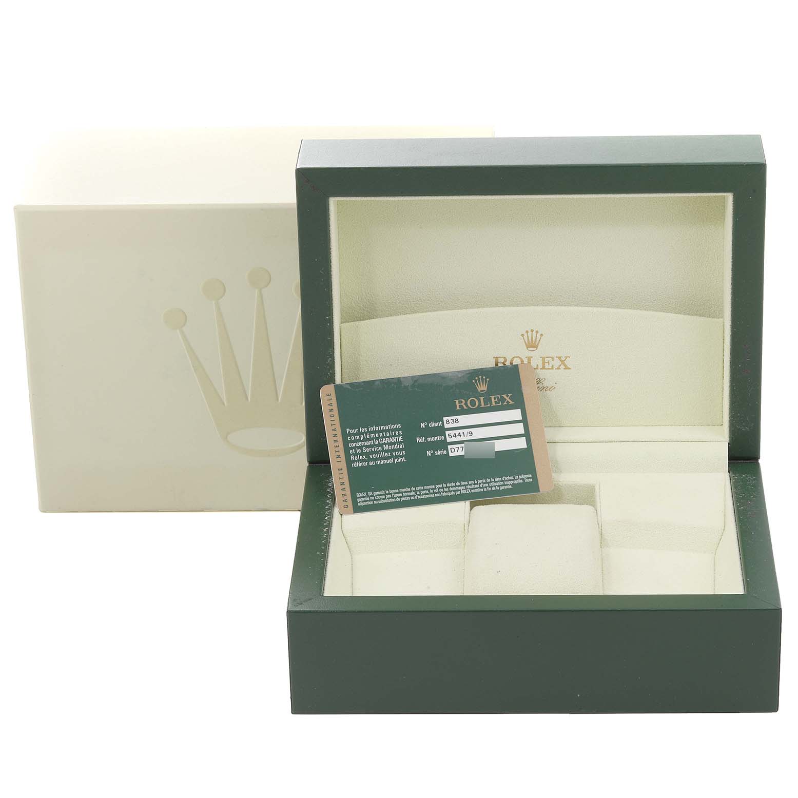 The image shows a green Rolex Cellini 5441 Men
s White Gold Silver Dial 5441 Men
s White Gold Silver Dial watch box with a card and an outer cream-colored box in an open position.