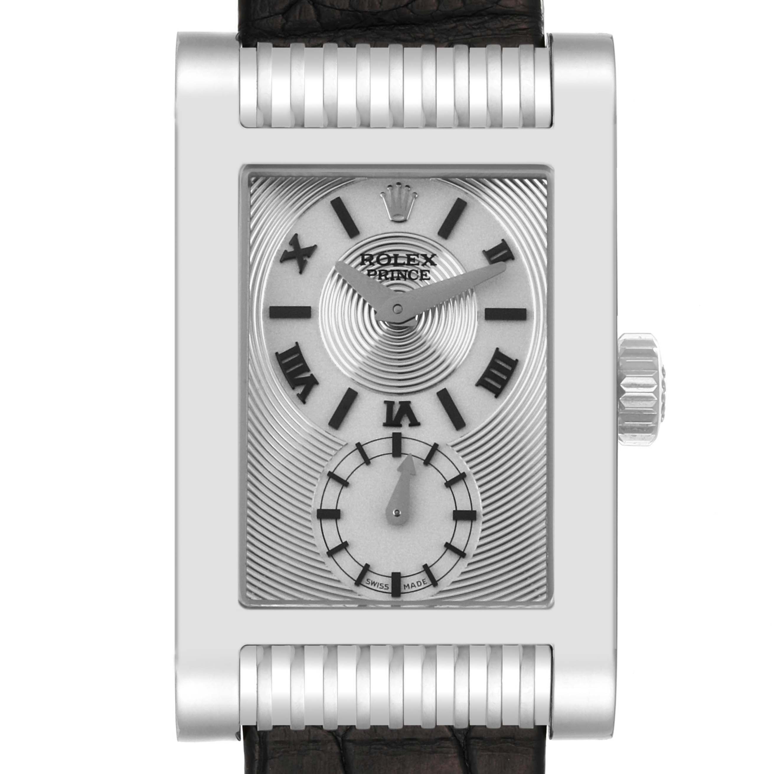 The image shows a close-up, head-on view of the face and crown of a Rolex Cellini 5441 Men
s White Gold Silver Dial 5441 Men
s White Gold Silver Dial watch.