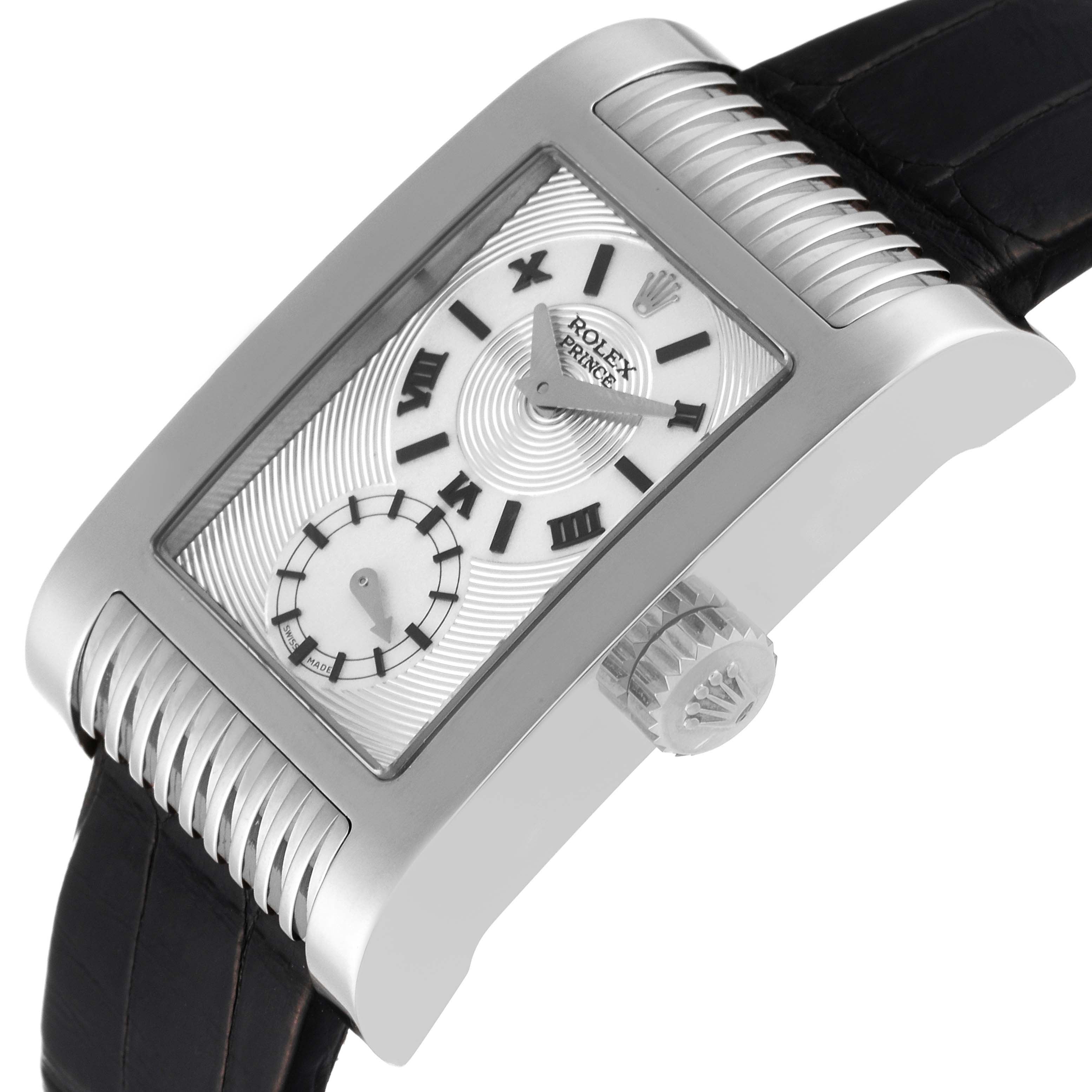 The image shows a side angle of the Rolex Cellini 5441 Men
s White Gold Silver Dial 5441 Men
s White Gold Silver Dial model, highlighting the face, crown, and part of the strap.