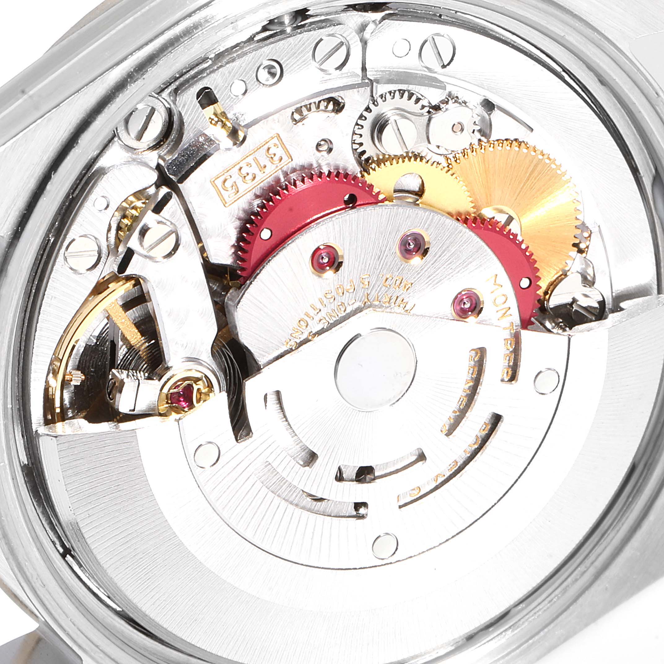 This image shows the internal mechanical movement of a Rolex Date 15223 Men's Steel and Gold (two tone) Silver Dial 15223 Men's Steel and Gold (two tone) Silver Dial watch model from an up-close angle.