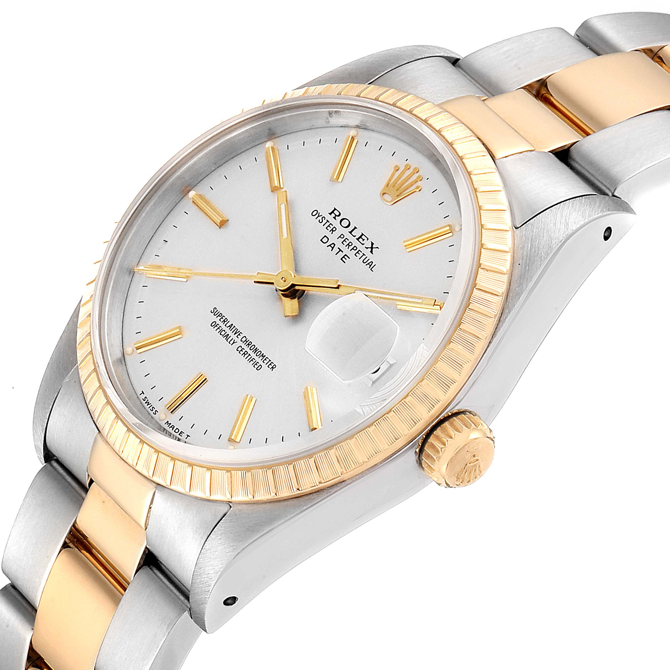 The image shows a close-up angle of the Rolex Date 15223 Men's Steel and Gold (two tone) Silver Dial 15223 Men's Steel and Gold (two tone) Silver Dial, highlighting its face, bezel, crown, and two-tone bracelet.