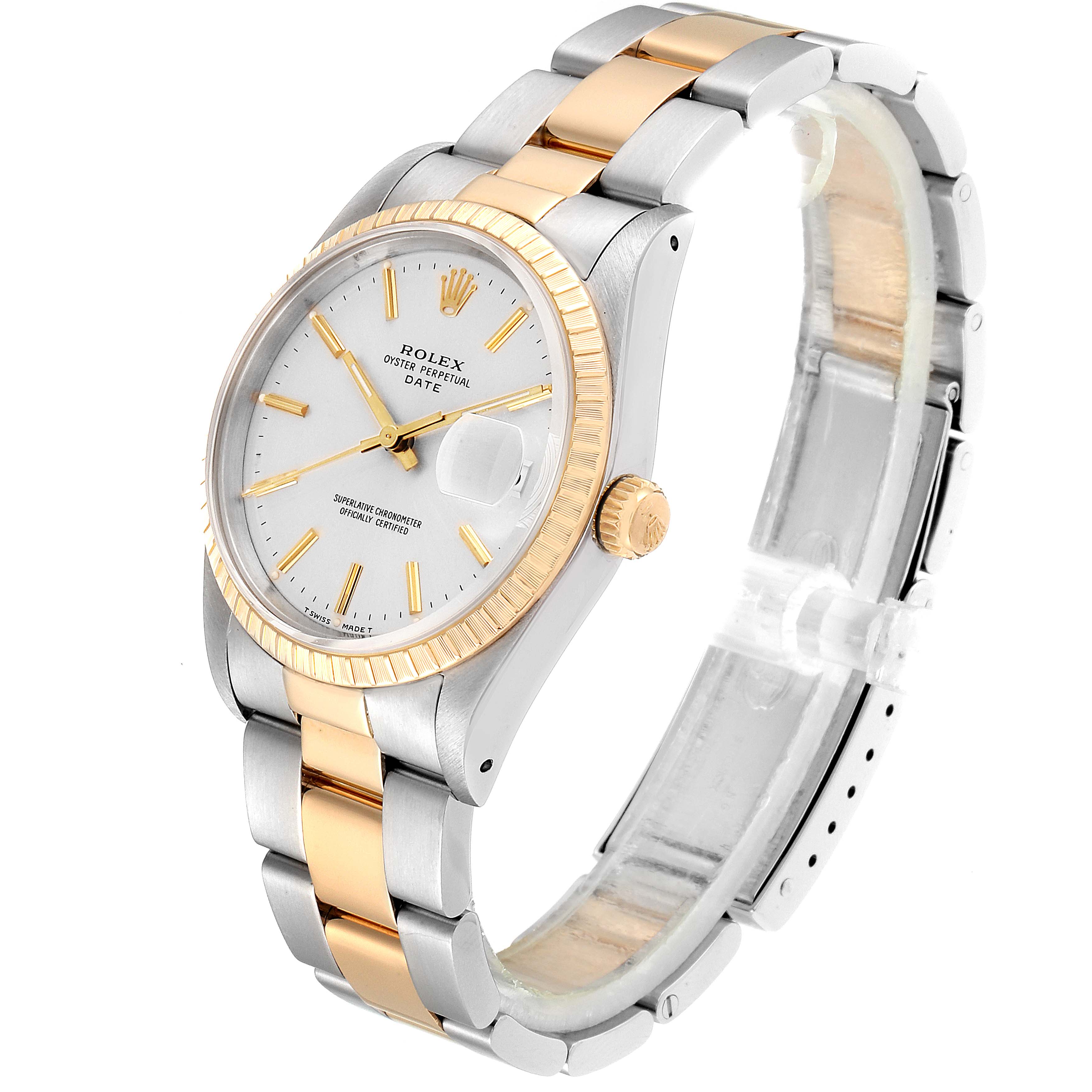 The image shows a three-quarter angle view of a Rolex Date 15223 Men's Steel and Gold (two tone) Silver Dial 15223 Men's Steel and Gold (two tone) Silver Dial, highlighting the bezel, dial, and two-tone bracelet.